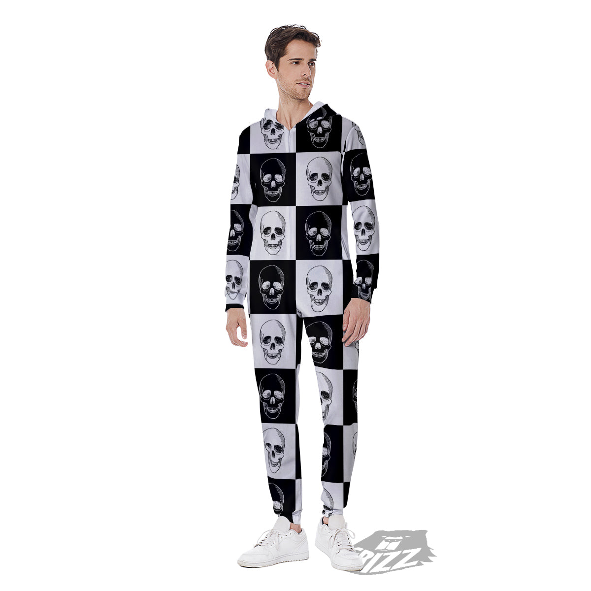 Skull Checkered Print Pattern Men's Jumpsuit-grizzshop