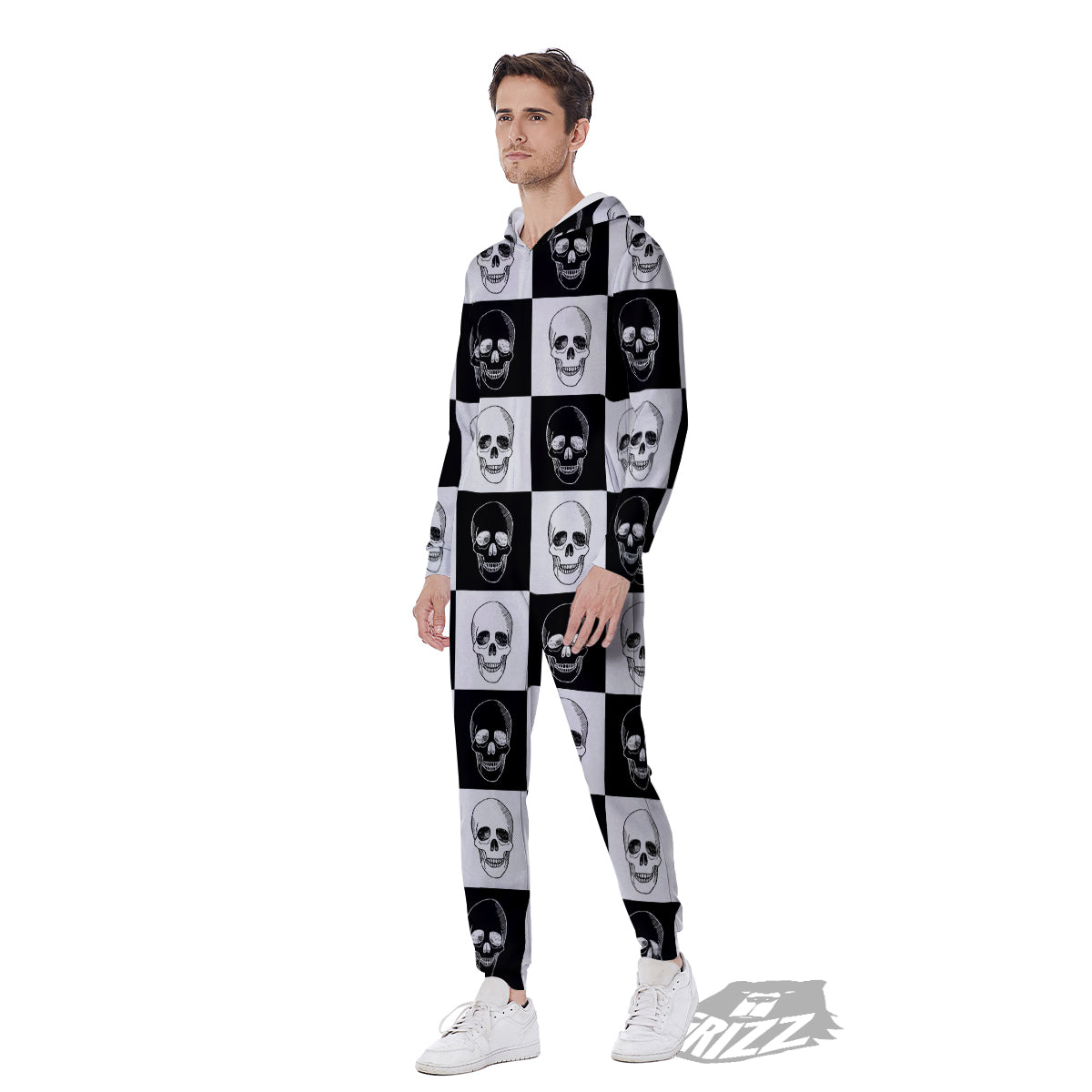 Skull Checkered Print Pattern Men's Jumpsuit-grizzshop