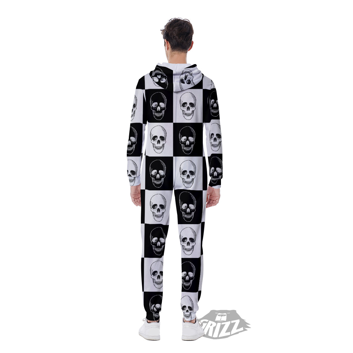 Skull Checkered Print Pattern Men's Jumpsuit-grizzshop