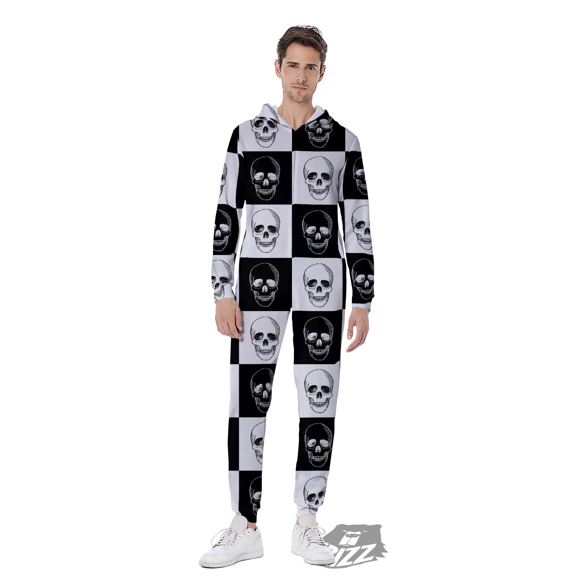Skull Checkered Print Pattern Men's Jumpsuit-grizzshop
