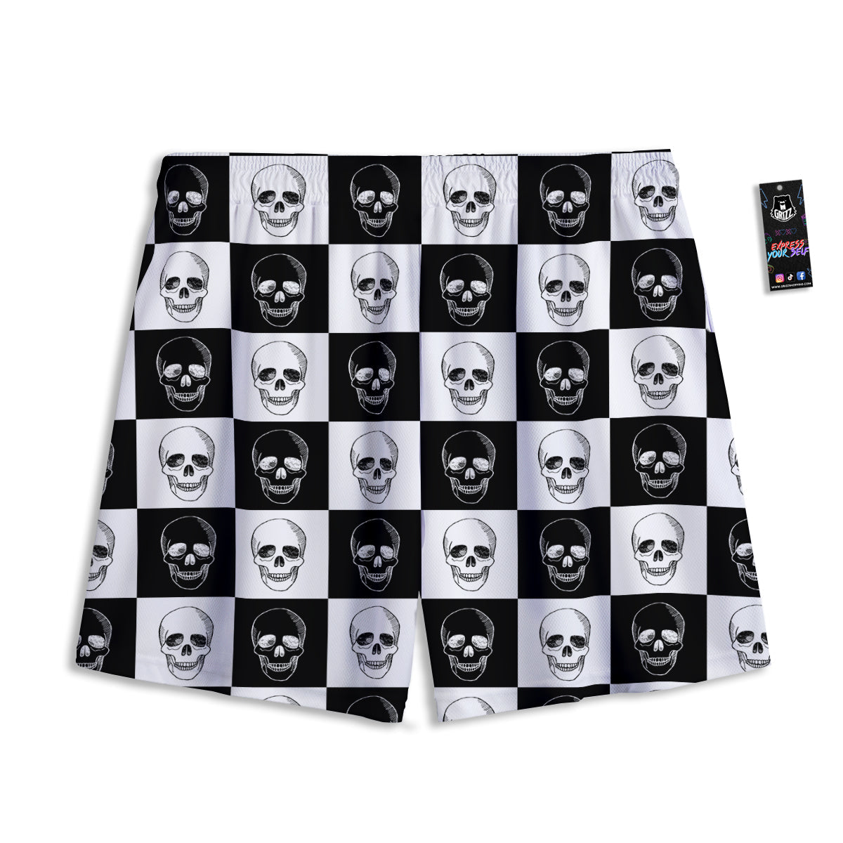 Skull Checkered Print Pattern Mesh Shorts-grizzshop
