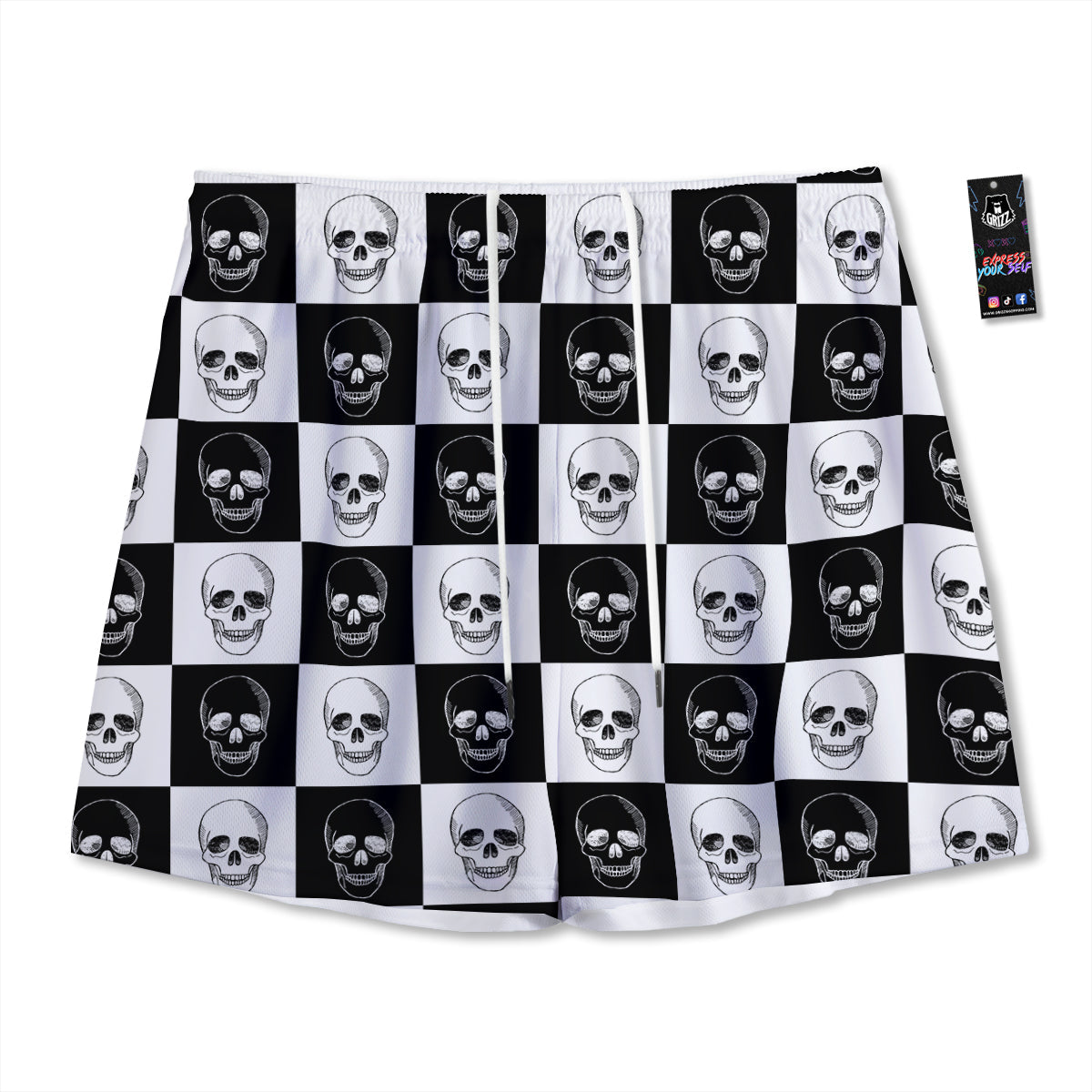 Skull Checkered Print Pattern Mesh Shorts-grizzshop