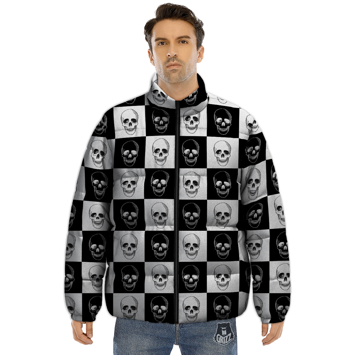 Skull Checkered Print Pattern Puffer Jacket-grizzshop