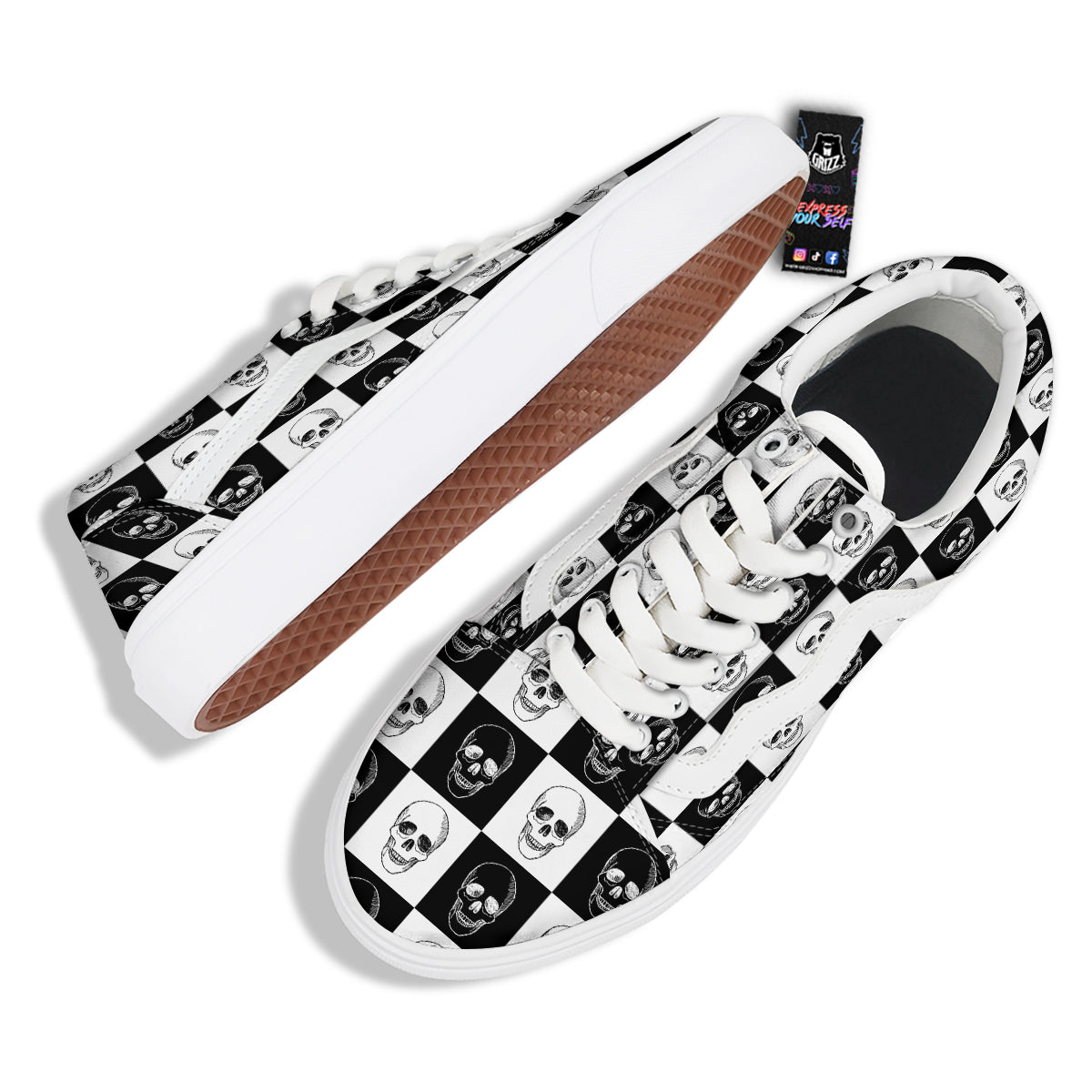 Skull Checkered Print Pattern Skate Shoes-grizzshop