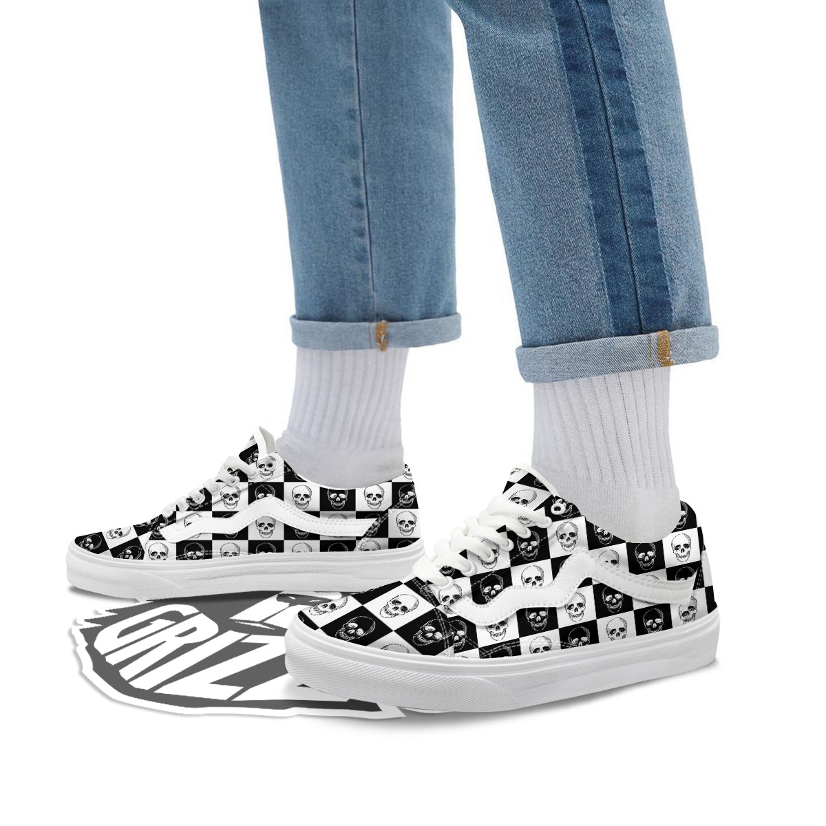 Skull Checkered Print Pattern Skate Shoes-grizzshop