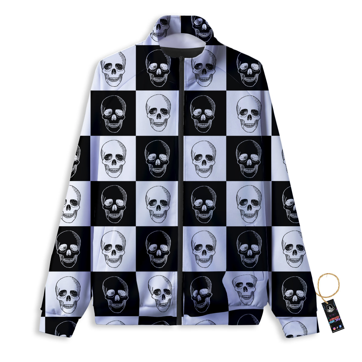 Skull Checkered Print Pattern Track Jacket-grizzshop