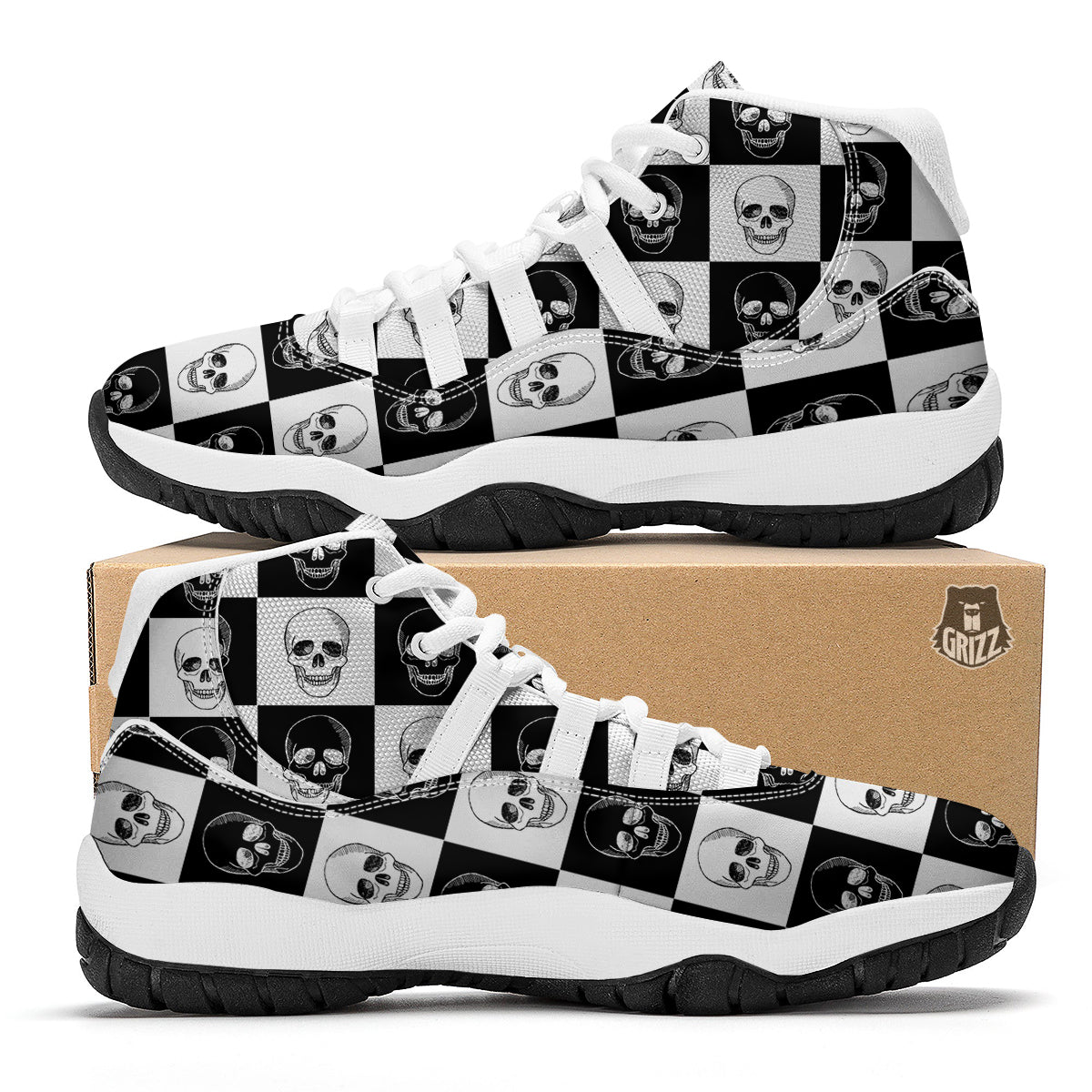 Skull Checkered Print Pattern White Bball Shoes-grizzshop