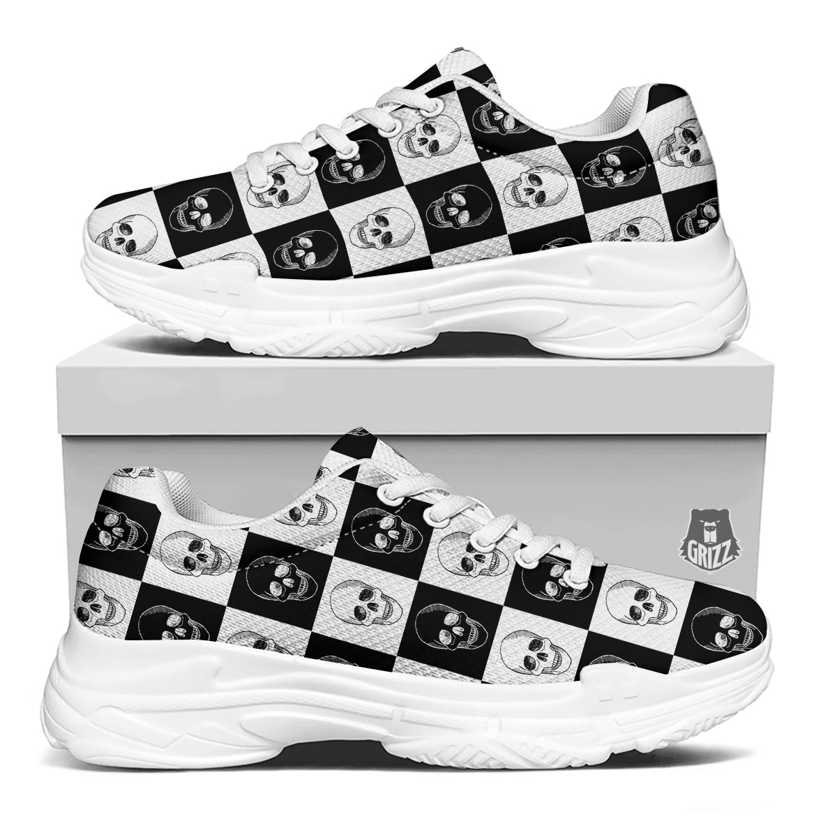 Skull Checkered Print Pattern White Chunky Shoes-grizzshop