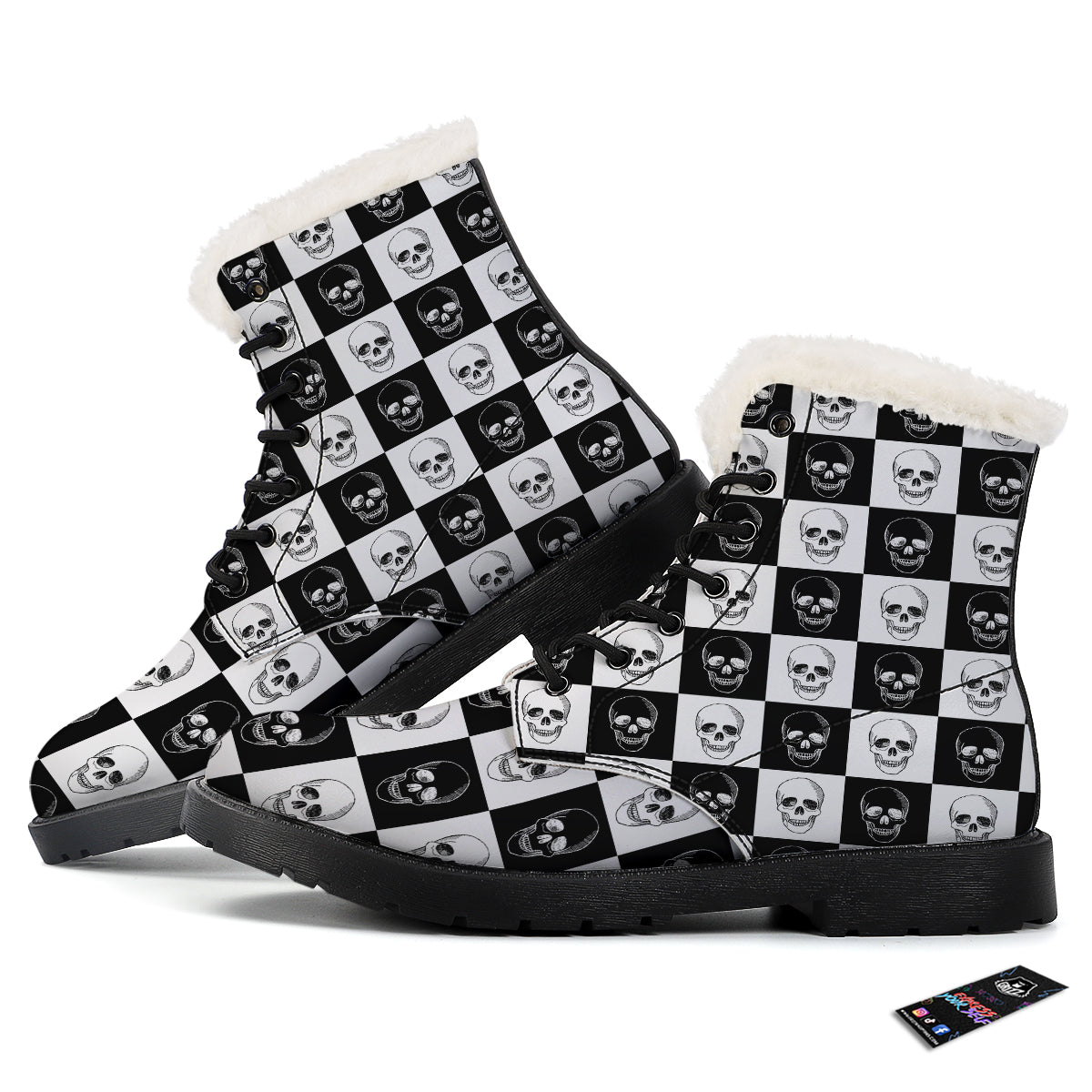 Skull Checkered Print Pattern Winter Boots-grizzshop