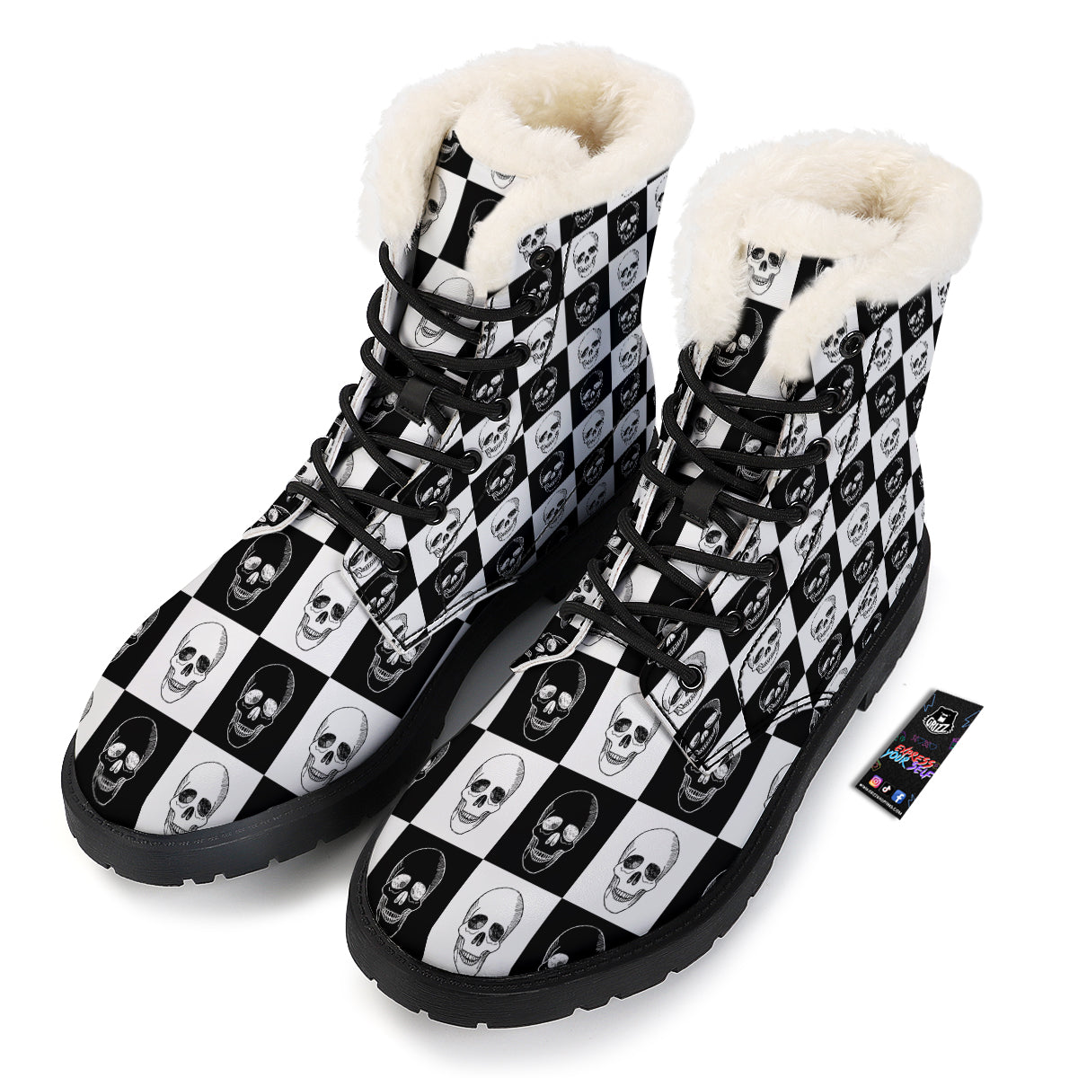 Skull Checkered Print Pattern Winter Boots-grizzshop