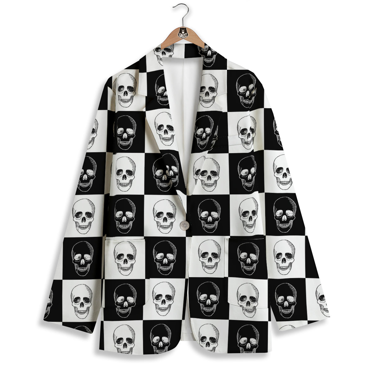 Skull Checkered Print Pattern Women's Blazer-grizzshop