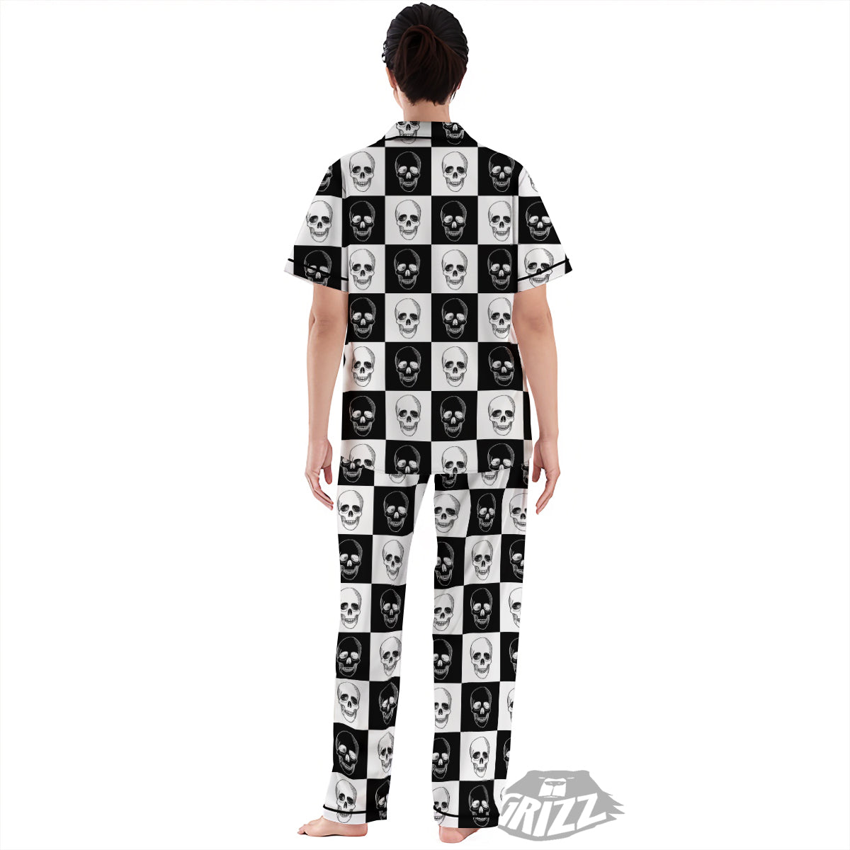 Skull Checkered Print Pattern Women's Pajamas Set-grizzshop