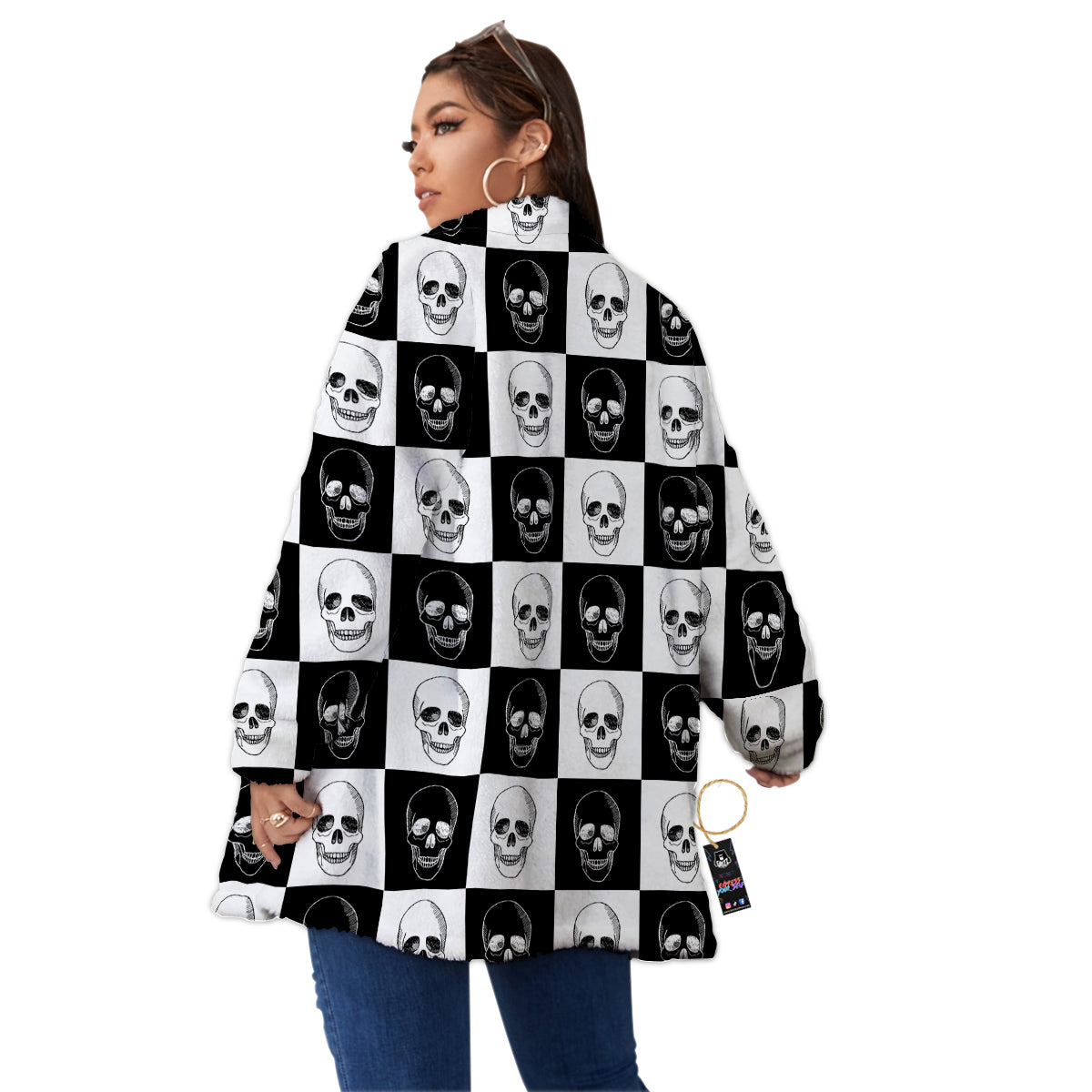 Skull Checkered Print Pattern Women's Sherpa Jacket-grizzshop