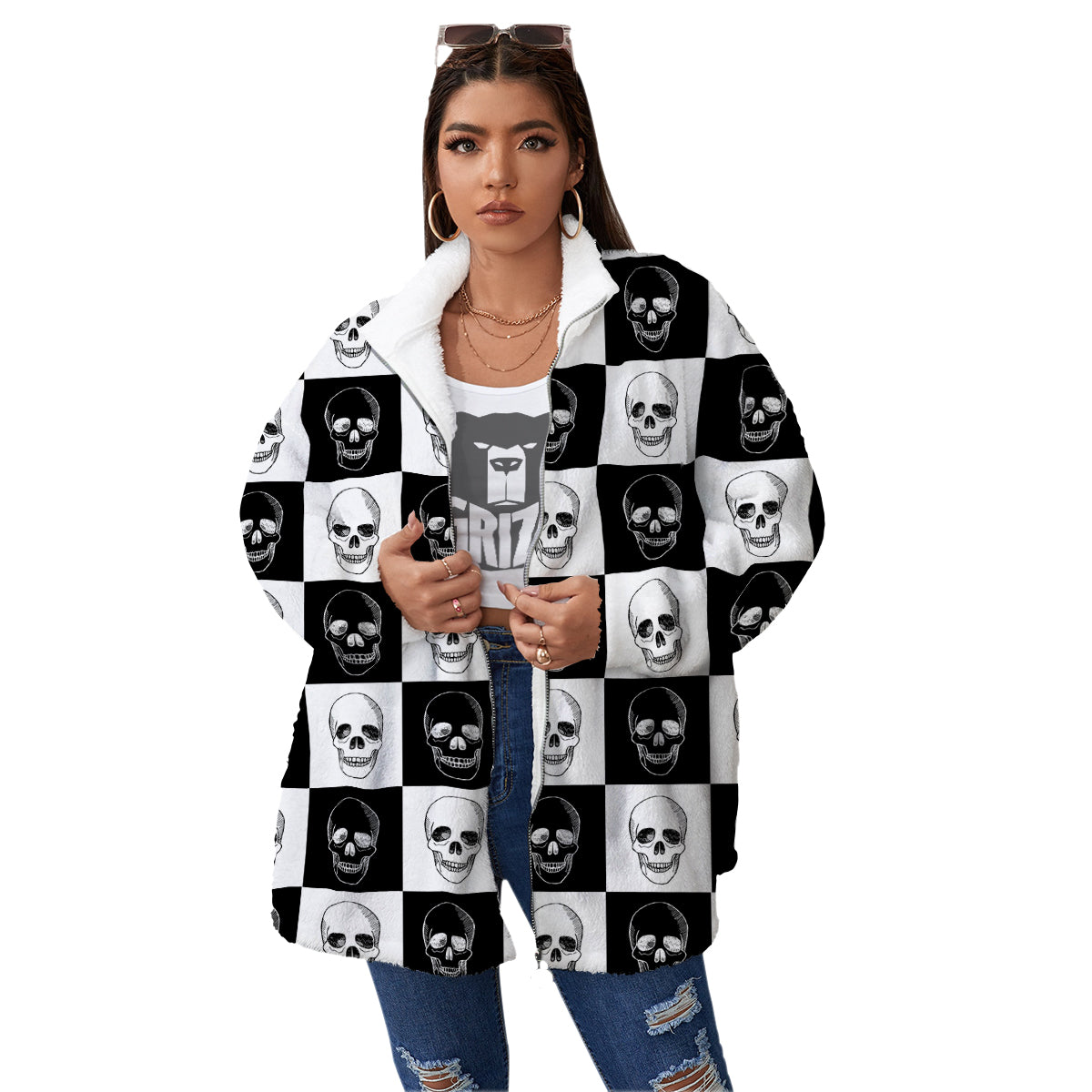 Skull Checkered Print Pattern Women's Sherpa Jacket-grizzshop