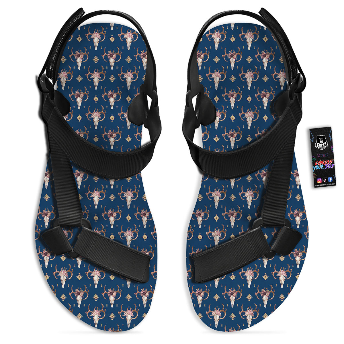 Skull Deer Boho Print Pattern Black Open Toe Sandals-grizzshop