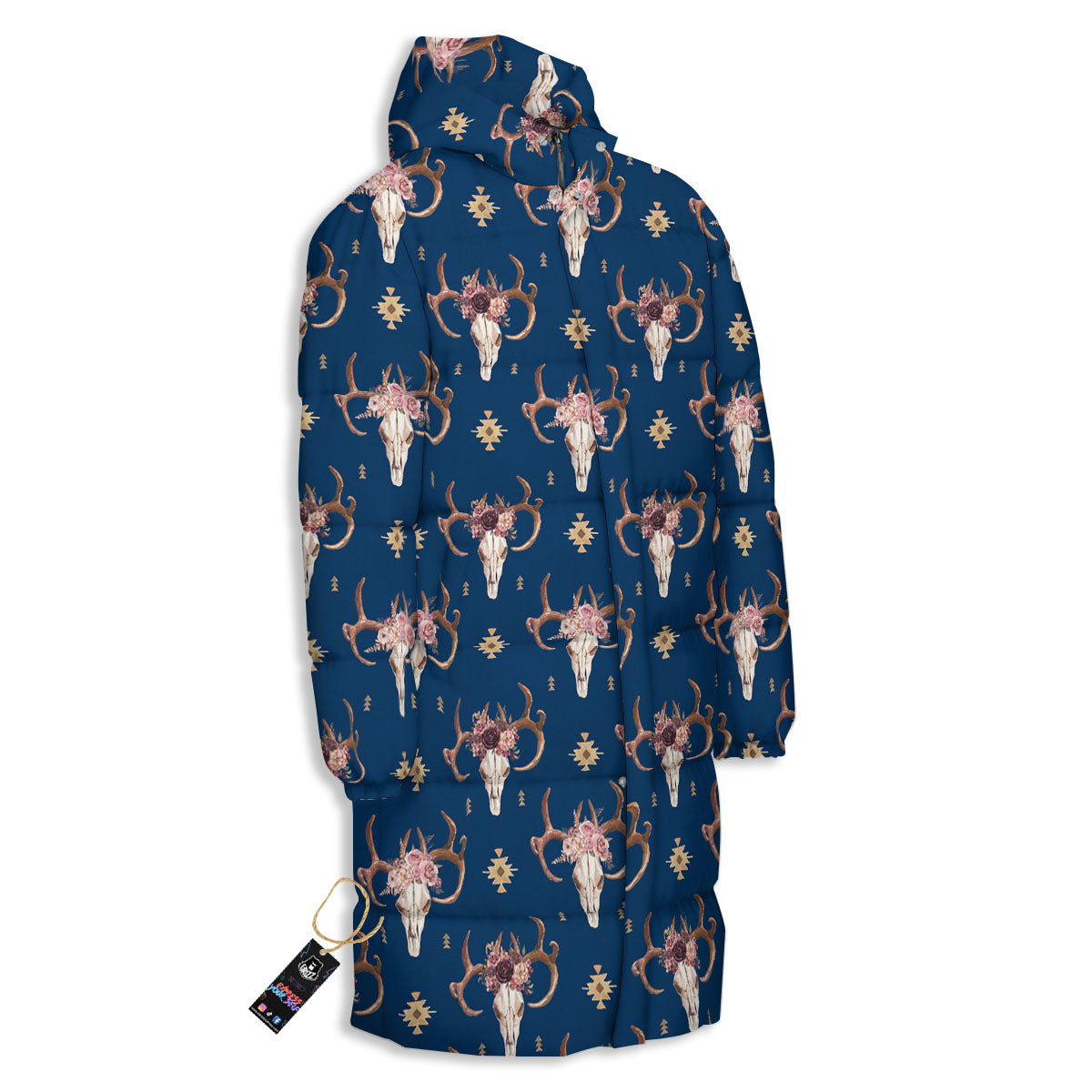 Skull Deer Boho Print Pattern Long Down Jacket-grizzshop