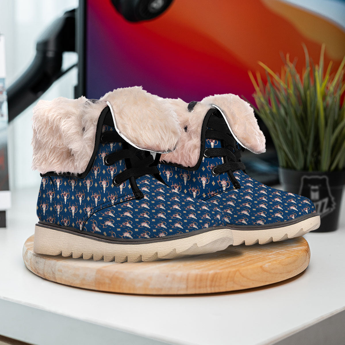 Skull Deer Boho Print Pattern Snow Boots-grizzshop