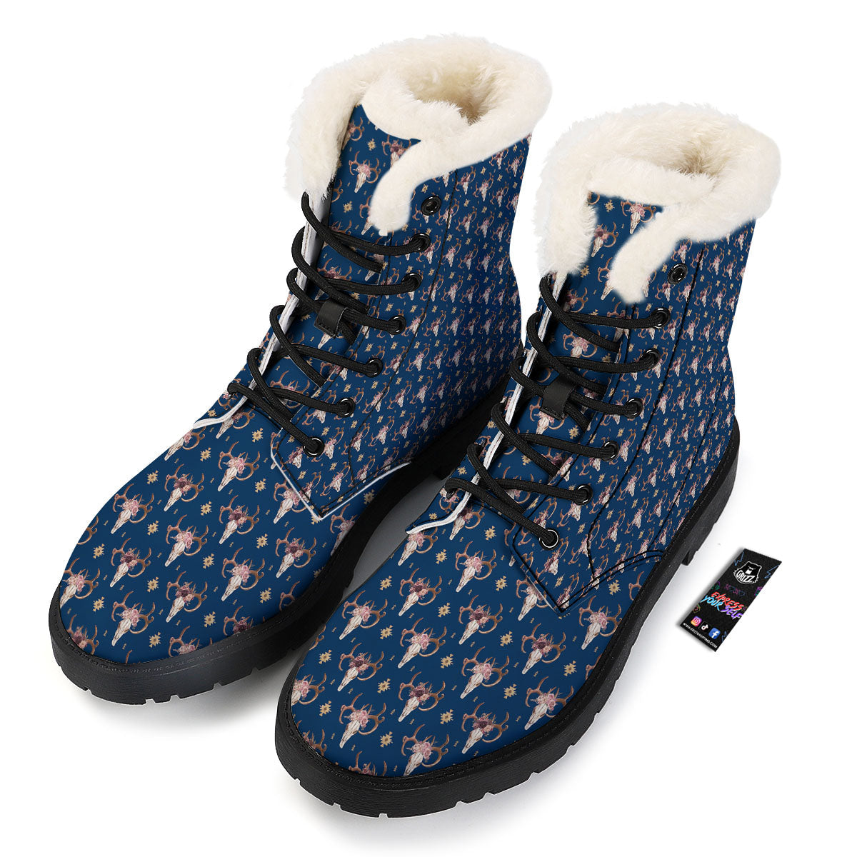 Skull Deer Boho Print Pattern Winter Boots-grizzshop