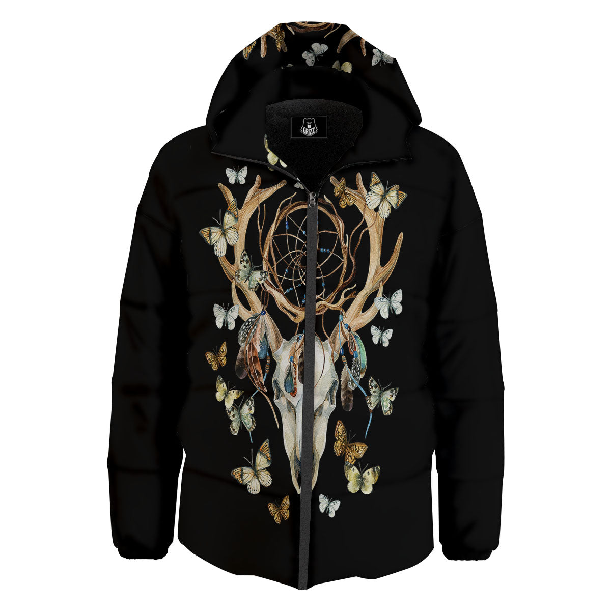 Skull Dreamcatcher Deer Print Down Jacket-grizzshop