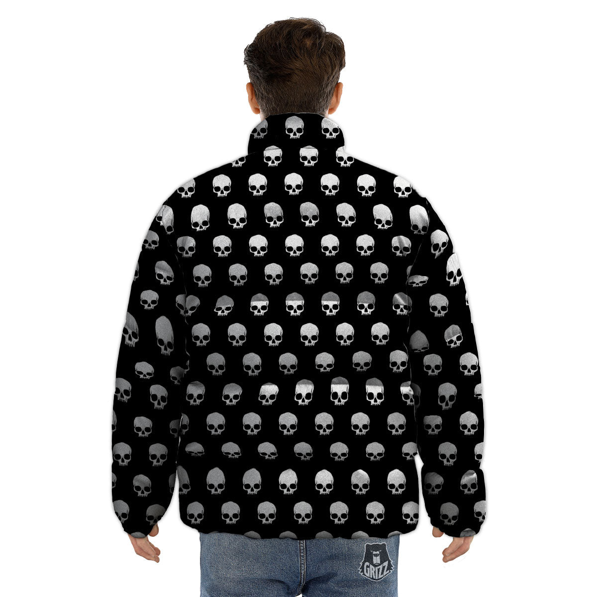 Skull Emo Print Pattern Puffer Jacket-grizzshop