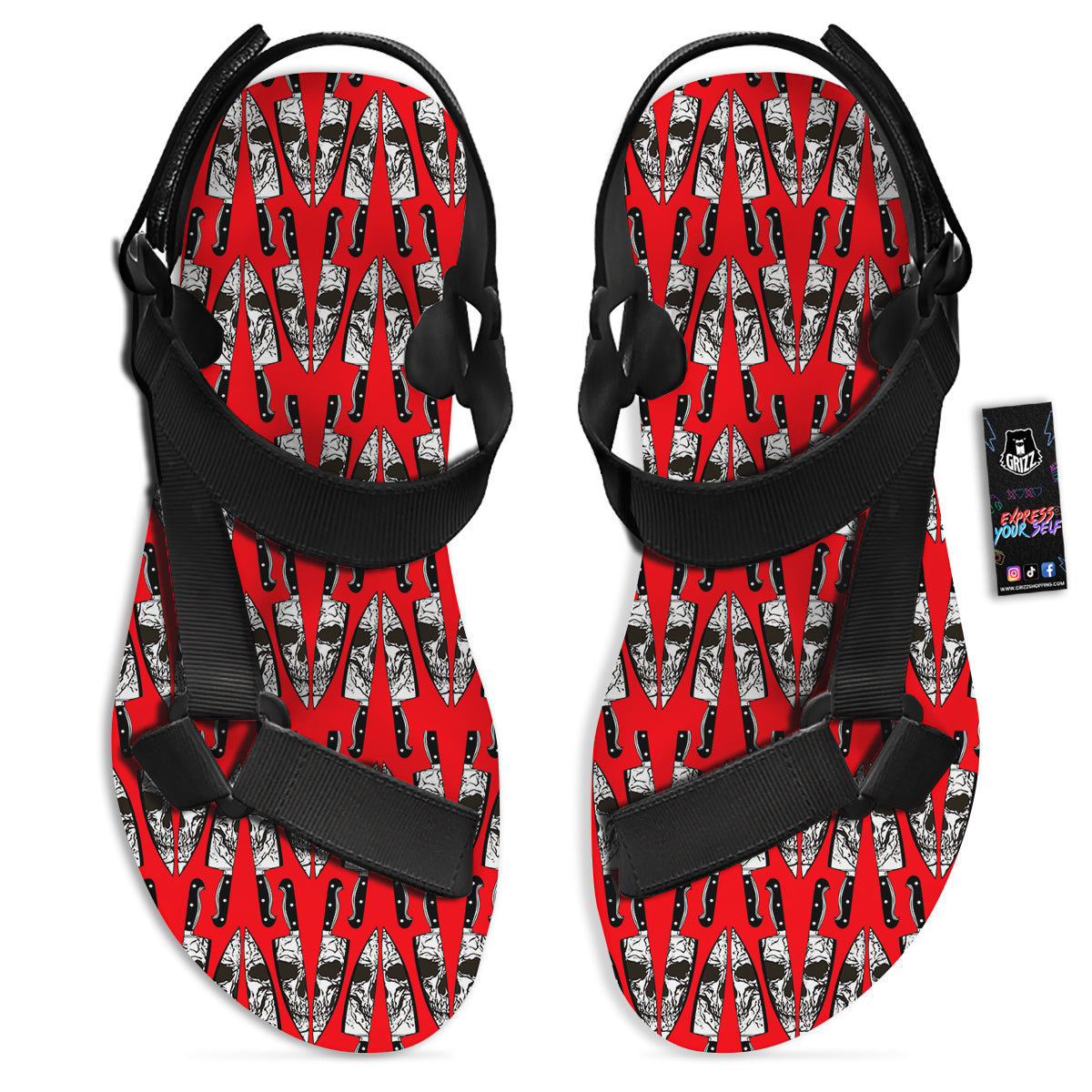 Skull Face Reflection Knife Print Pattern Black Open Toe Sandals-grizzshop