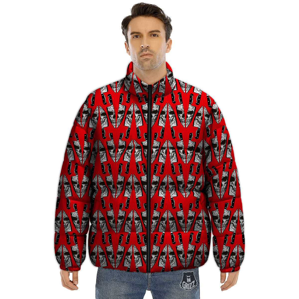 Skull Face Reflection Knife Print Pattern Puffer Jacket-grizzshop