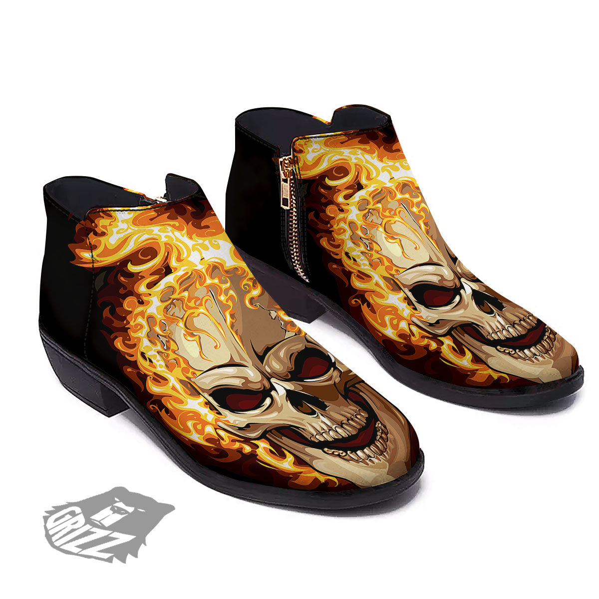 Skull Fire Print Ankle Boots-grizzshop