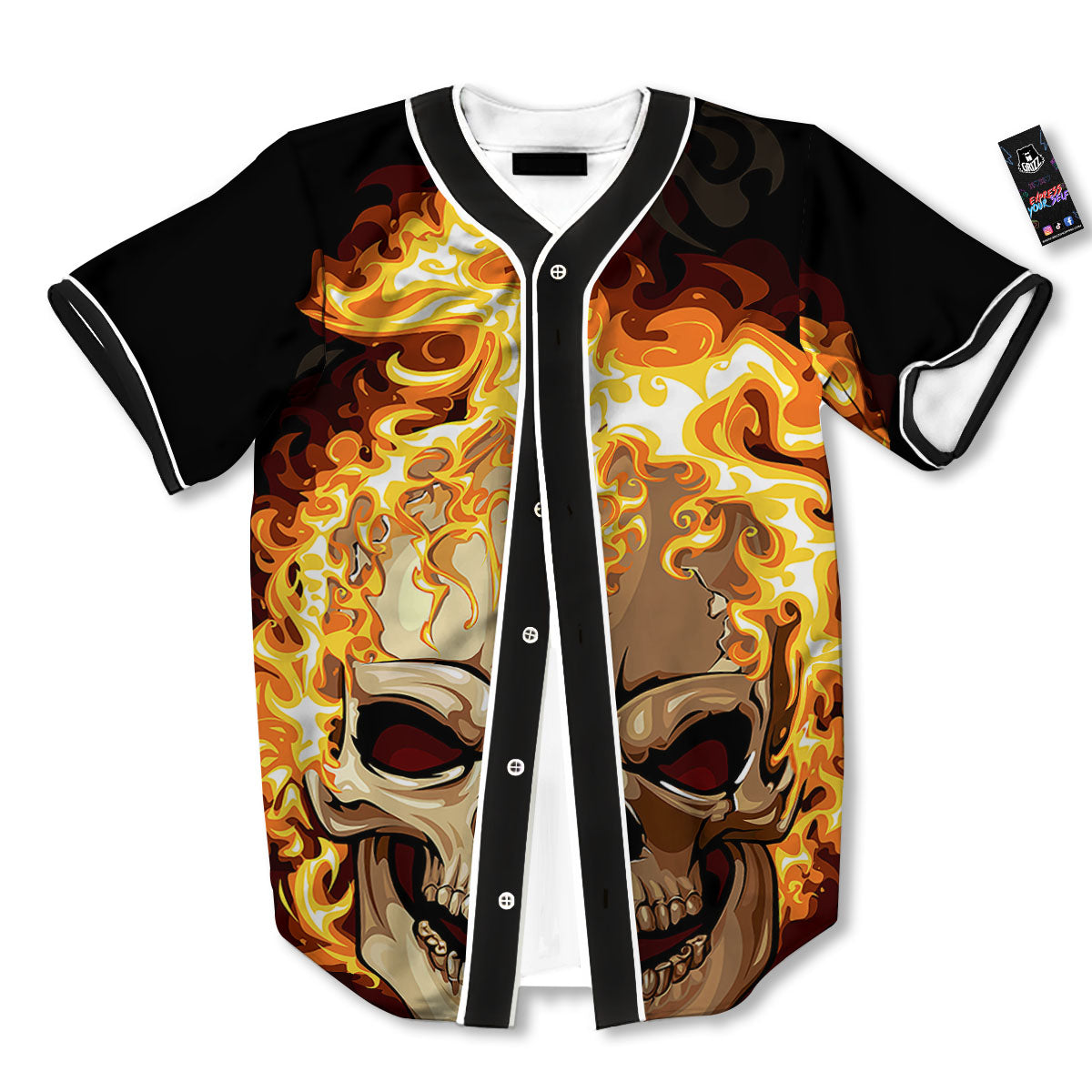 Skull Fire Print Baseball Jersey-grizzshop