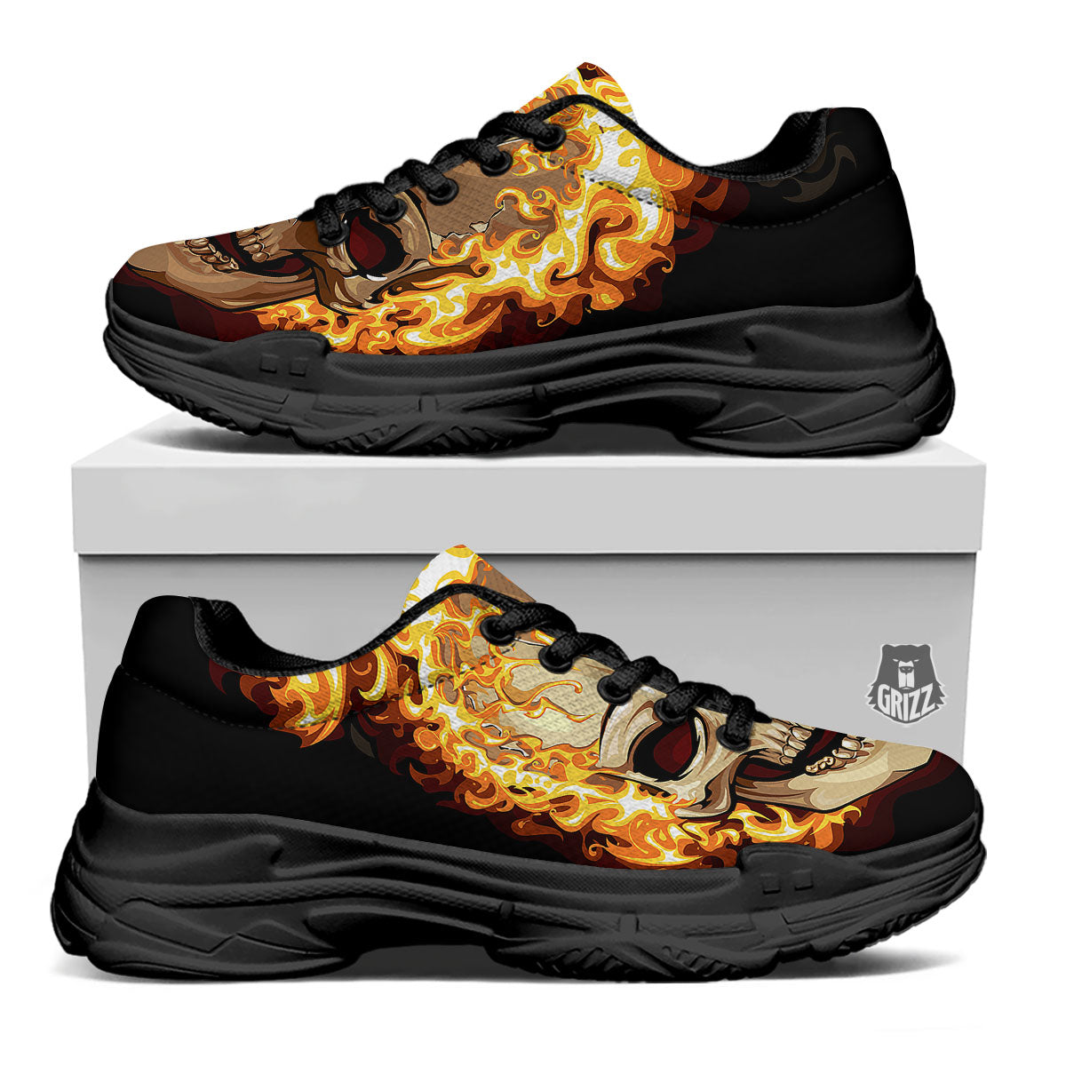 Skull Fire Print Black Chunky Shoes-grizzshop