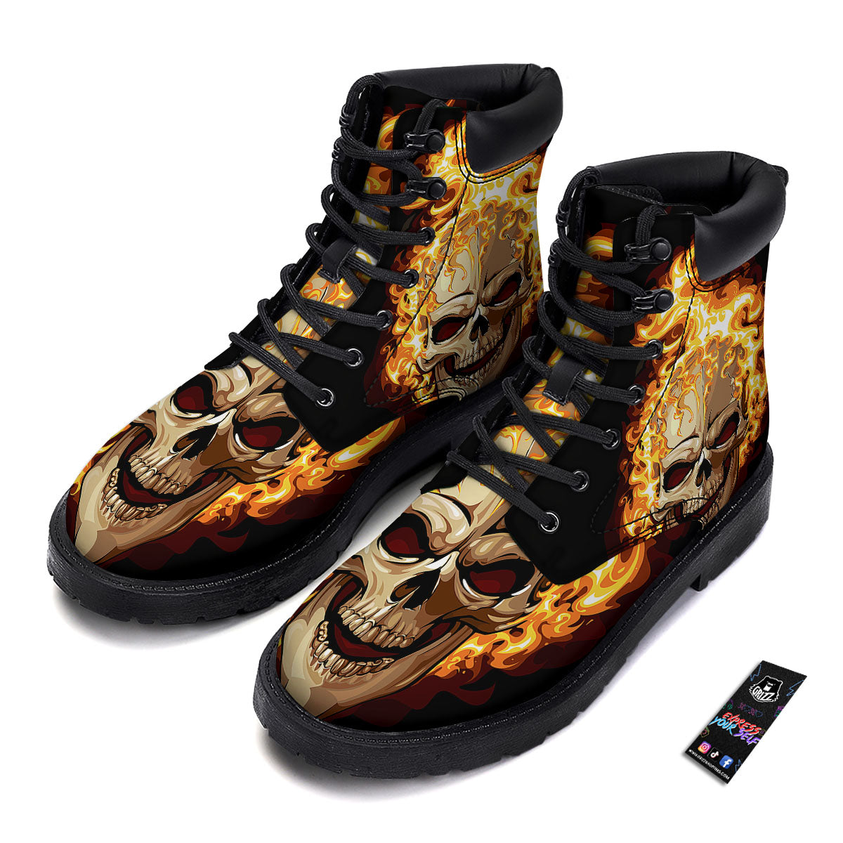 Skull Fire Print Boots-grizzshop