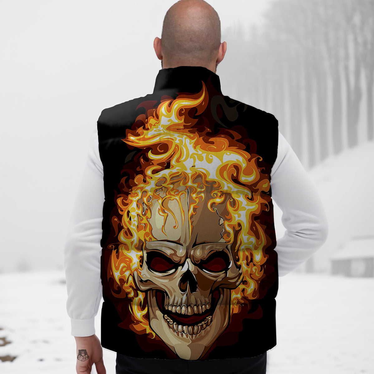 Skull Fire Print Down Vest-grizzshop