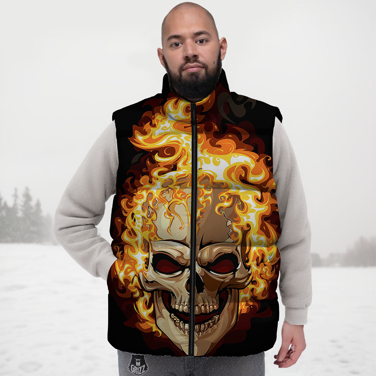 Skull Fire Print Down Vest-grizzshop