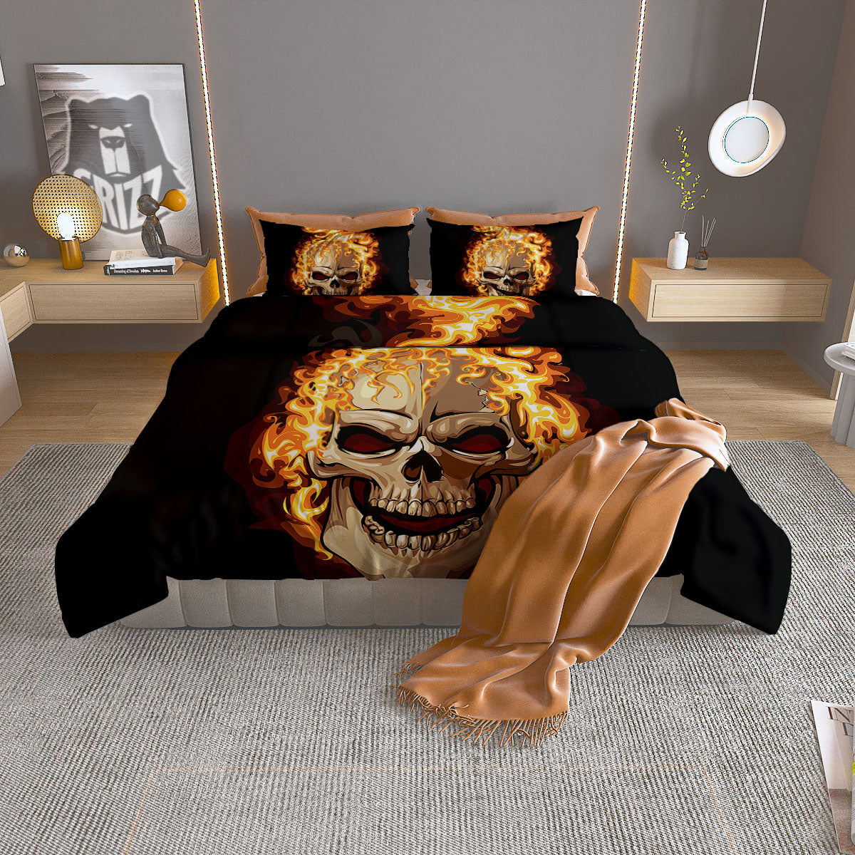 Skull Fire Print Duvet Cover Bedding Set