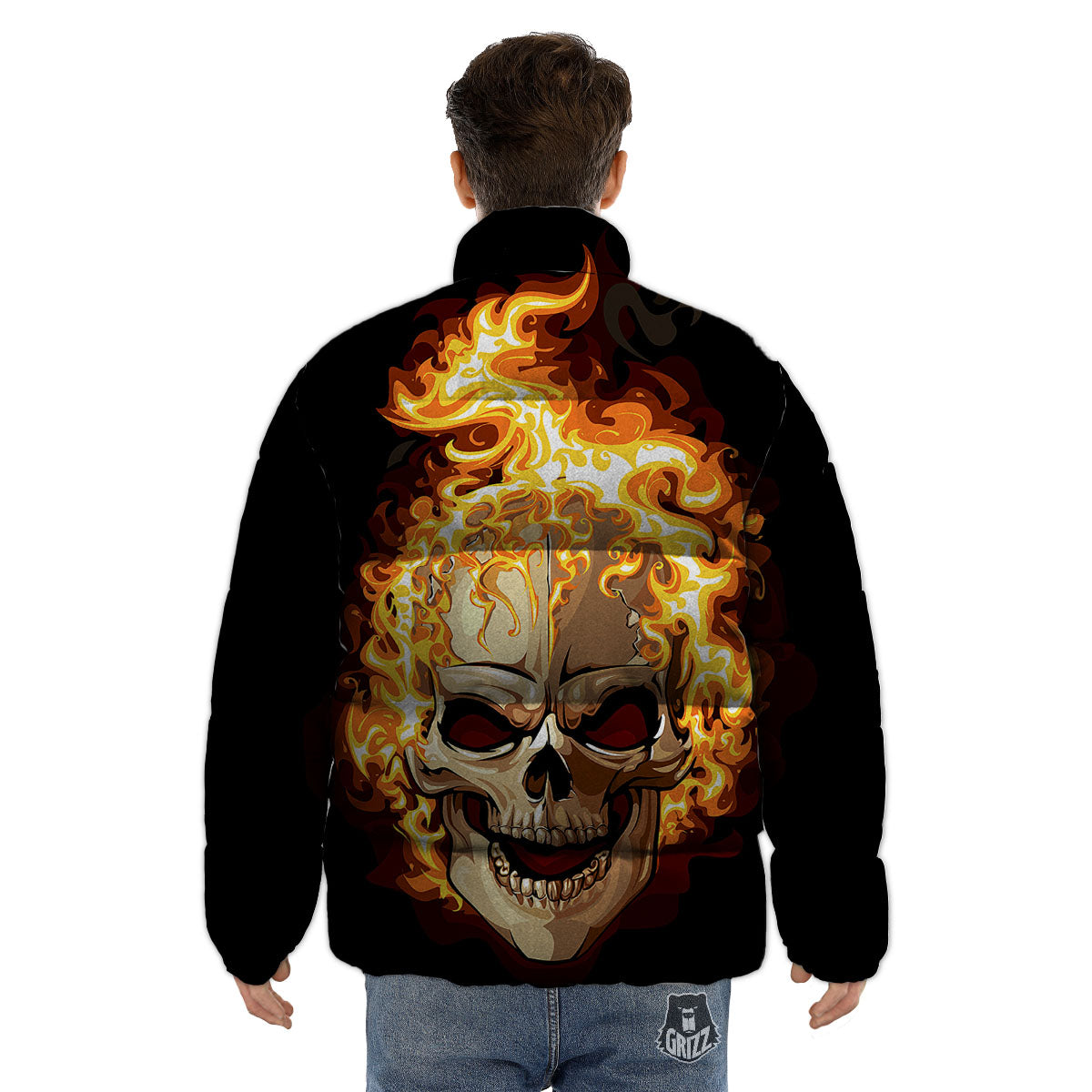 Skull Fire Print Puffer Jacket-grizzshop