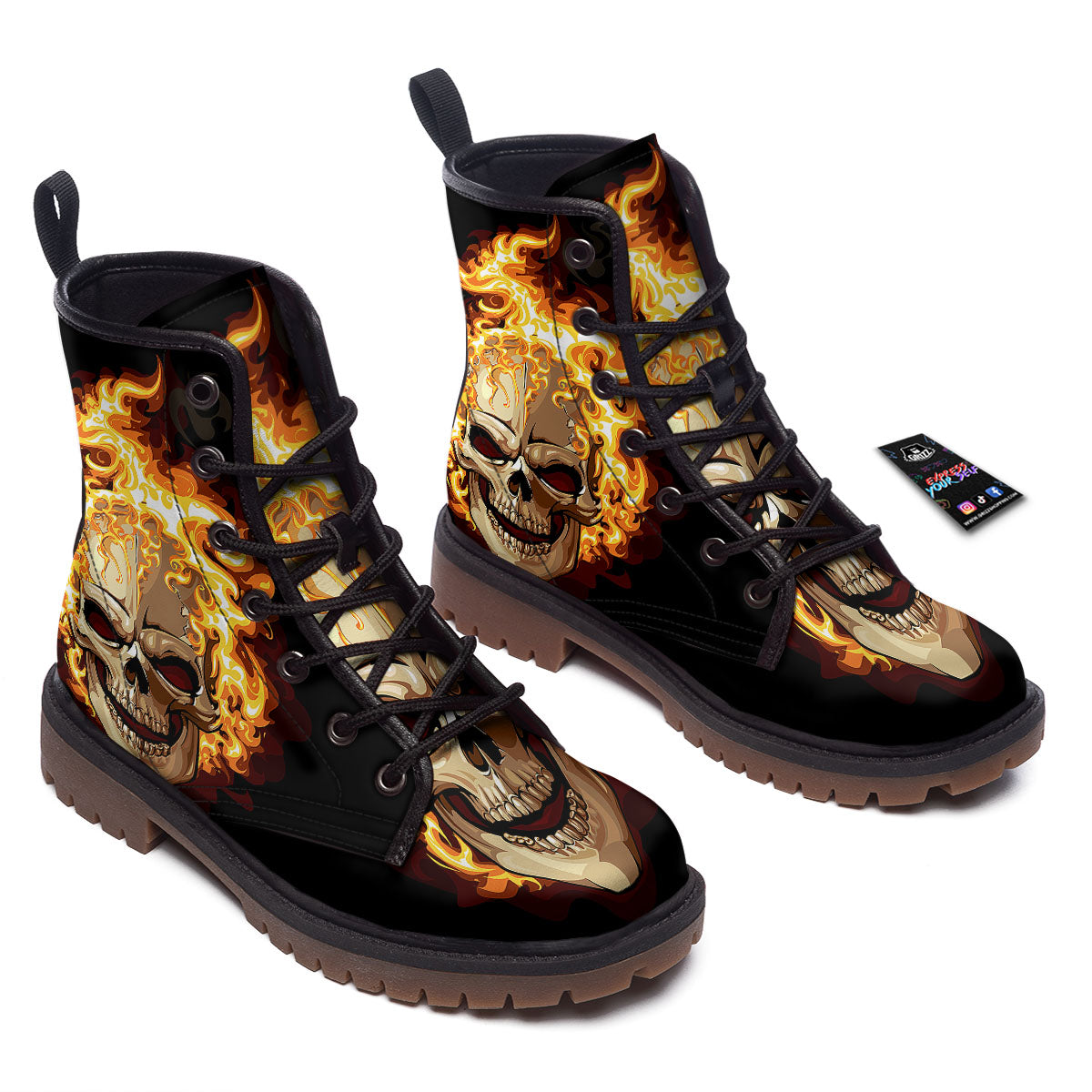 Skull Fire Print Work Boots-grizzshop