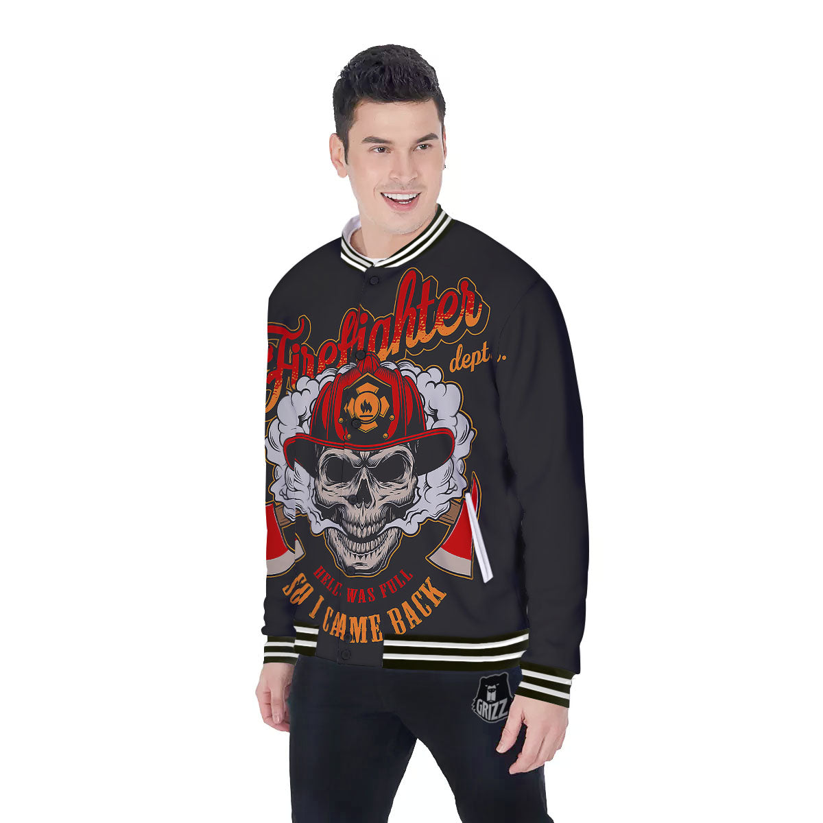 Skull Firefighter Department Print Baseball Jacket-grizzshop