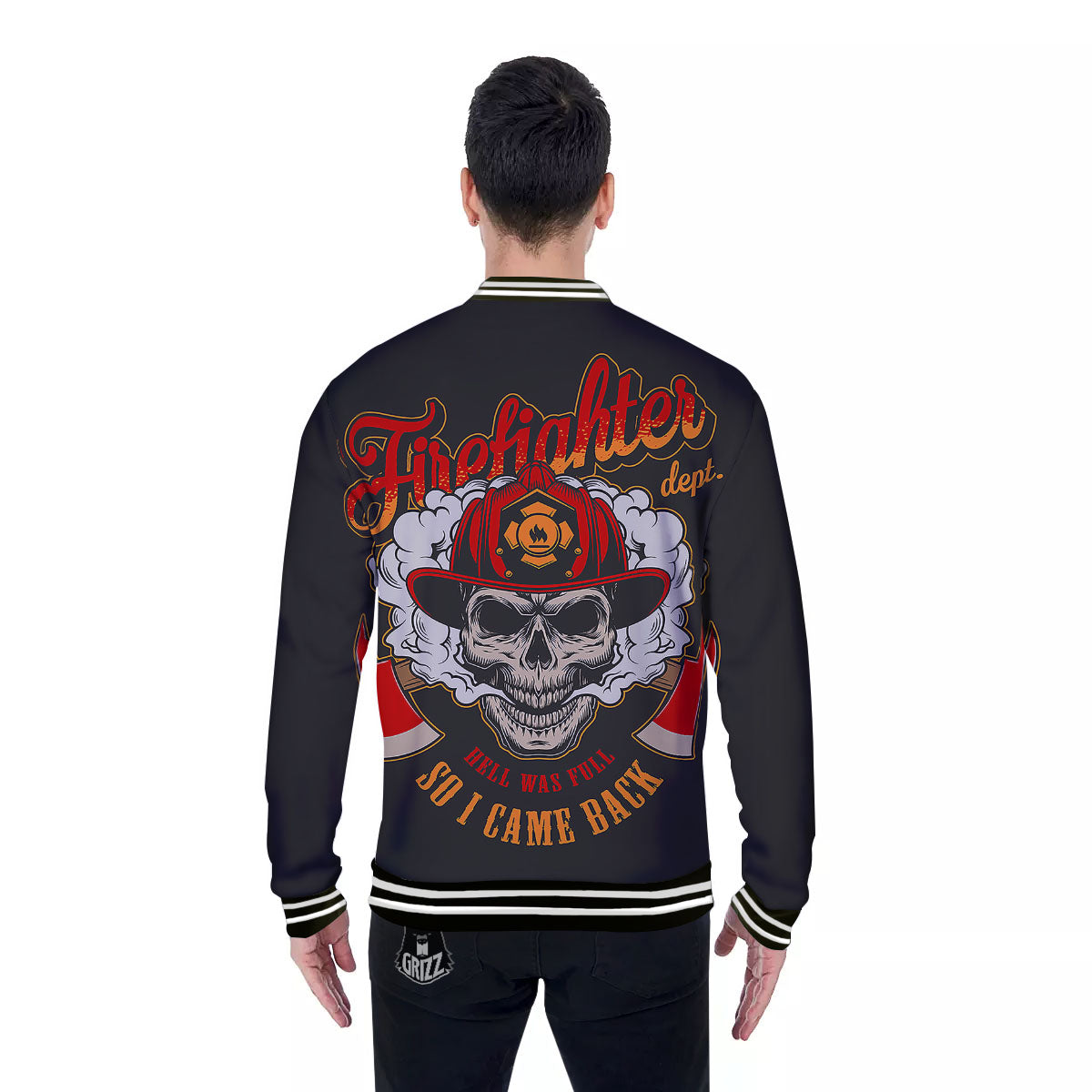 Skull Firefighter Department Print Baseball Jacket-grizzshop