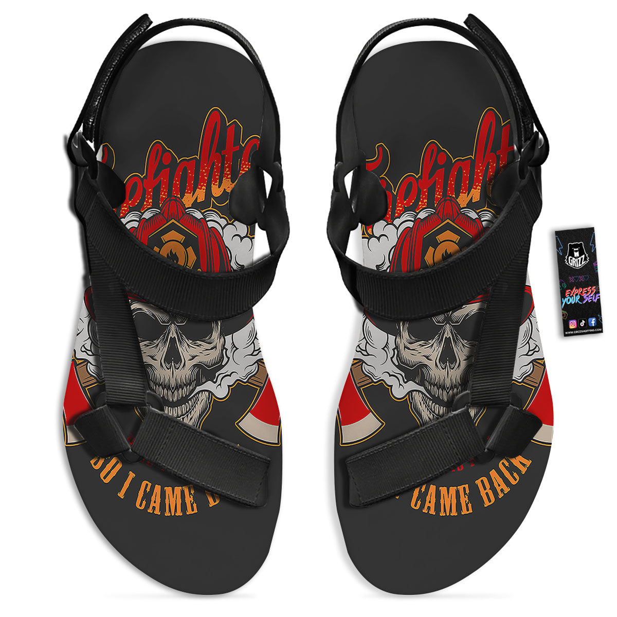 Skull Firefighter Department Print Black Open Toe Sandals-grizzshop