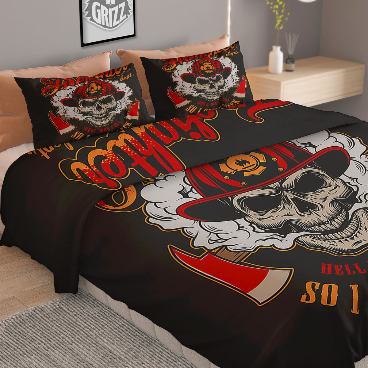 Skull Firefighter Department Print Duvet Cover Bedding Set