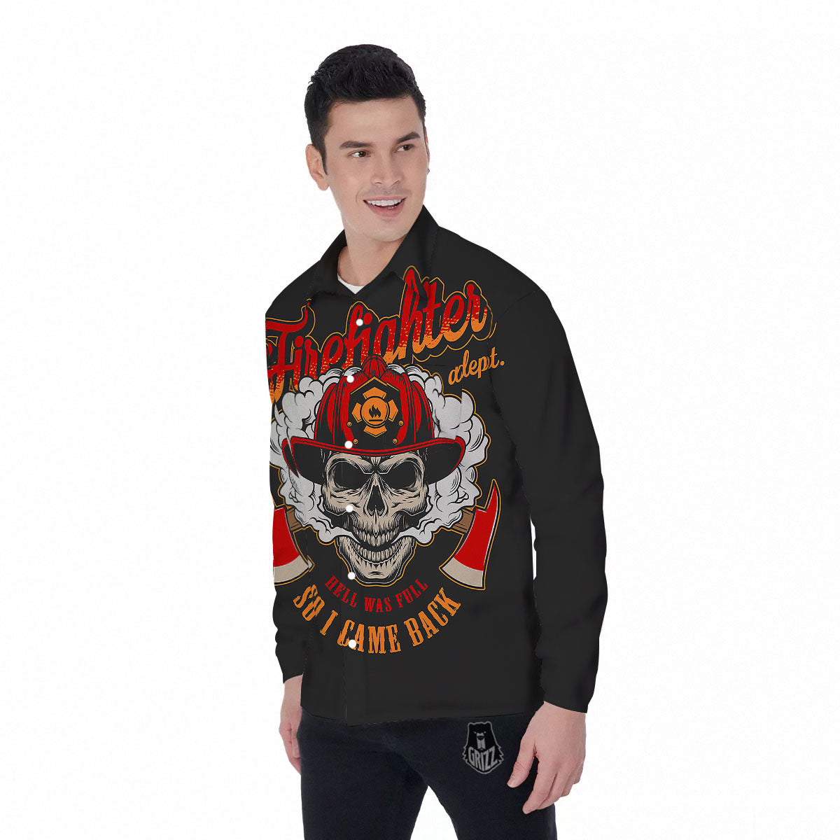 Skull Firefighter Department Print Men's Long Sleeve Shirts-grizzshop