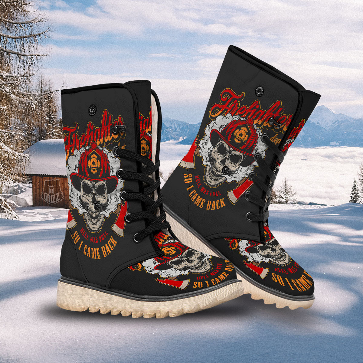 Skull Firefighter Department Print Snow Boots-grizzshop