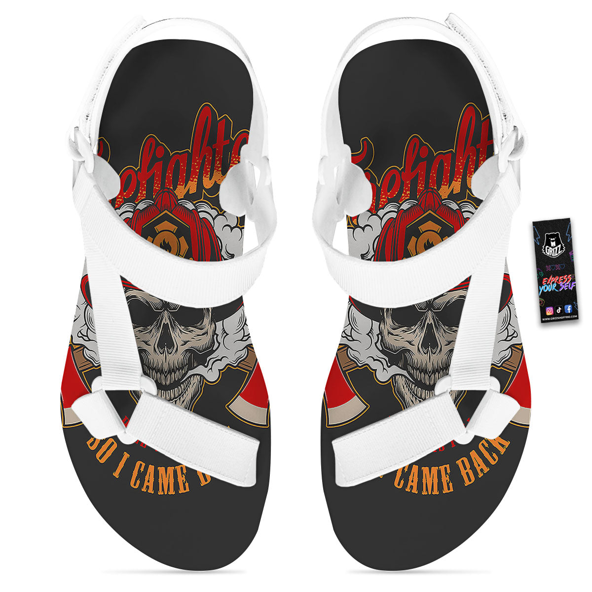 Skull Firefighter Department Print White Open Toe Sandals-grizzshop