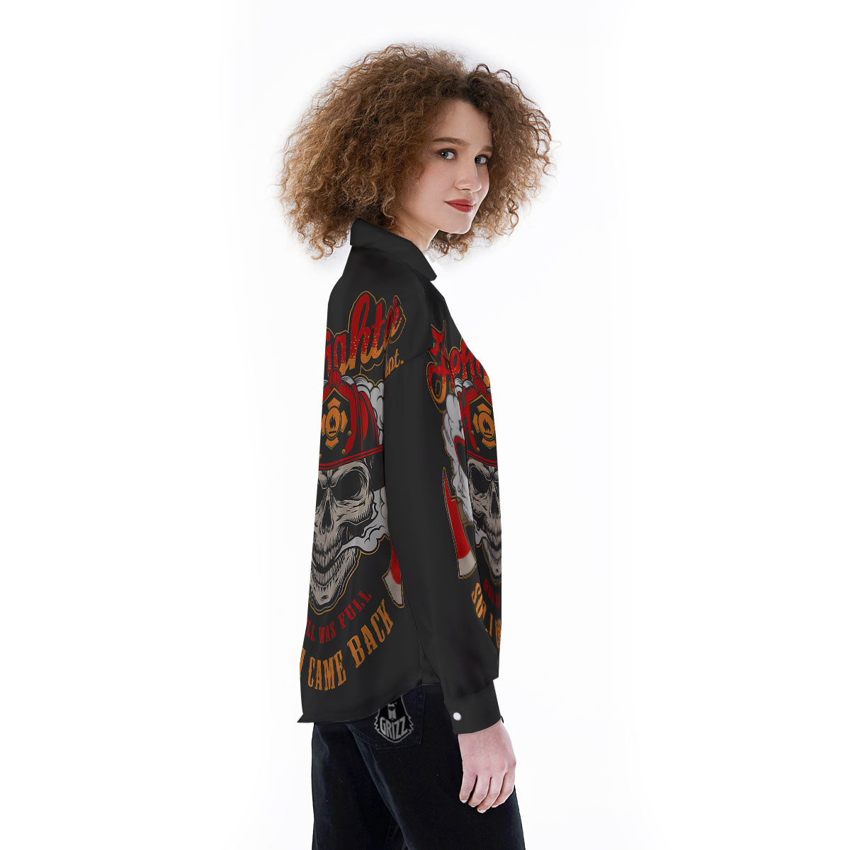 Skull Firefighter Department Print Women's Long Sleeve Shirts-grizzshop