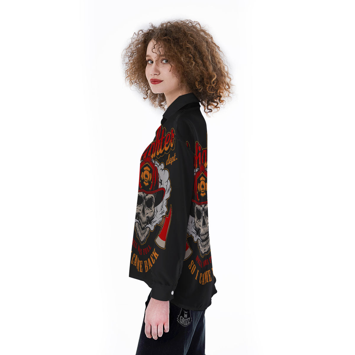 Skull Firefighter Department Print Women's Long Sleeve Shirts-grizzshop