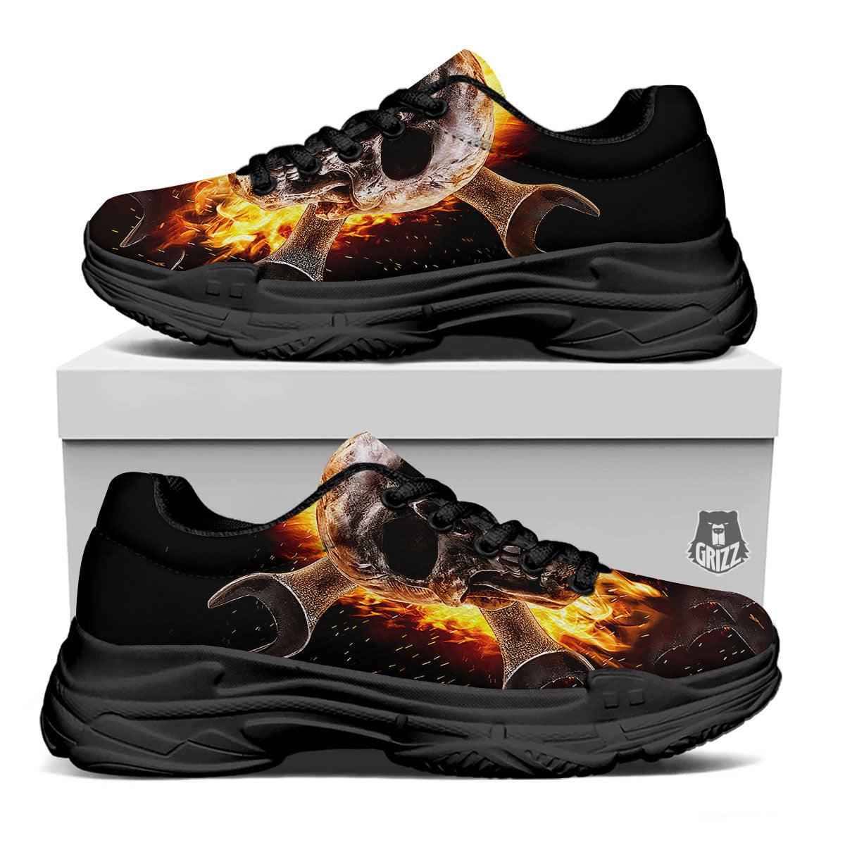 Skull Flaming And Cross Wrench Print Black Chunky Shoes-grizzshop