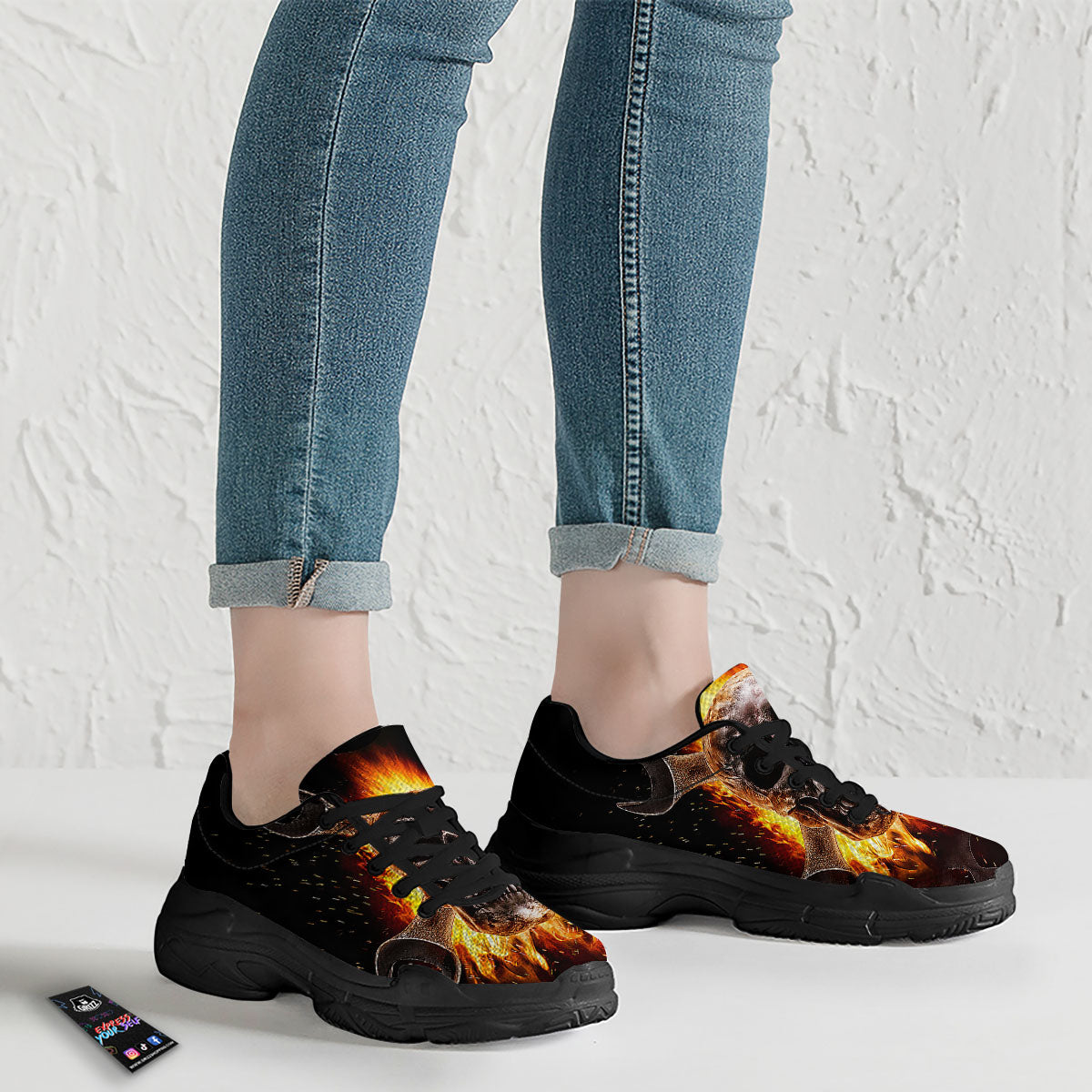 Skull Flaming And Cross Wrench Print Black Chunky Shoes-grizzshop
