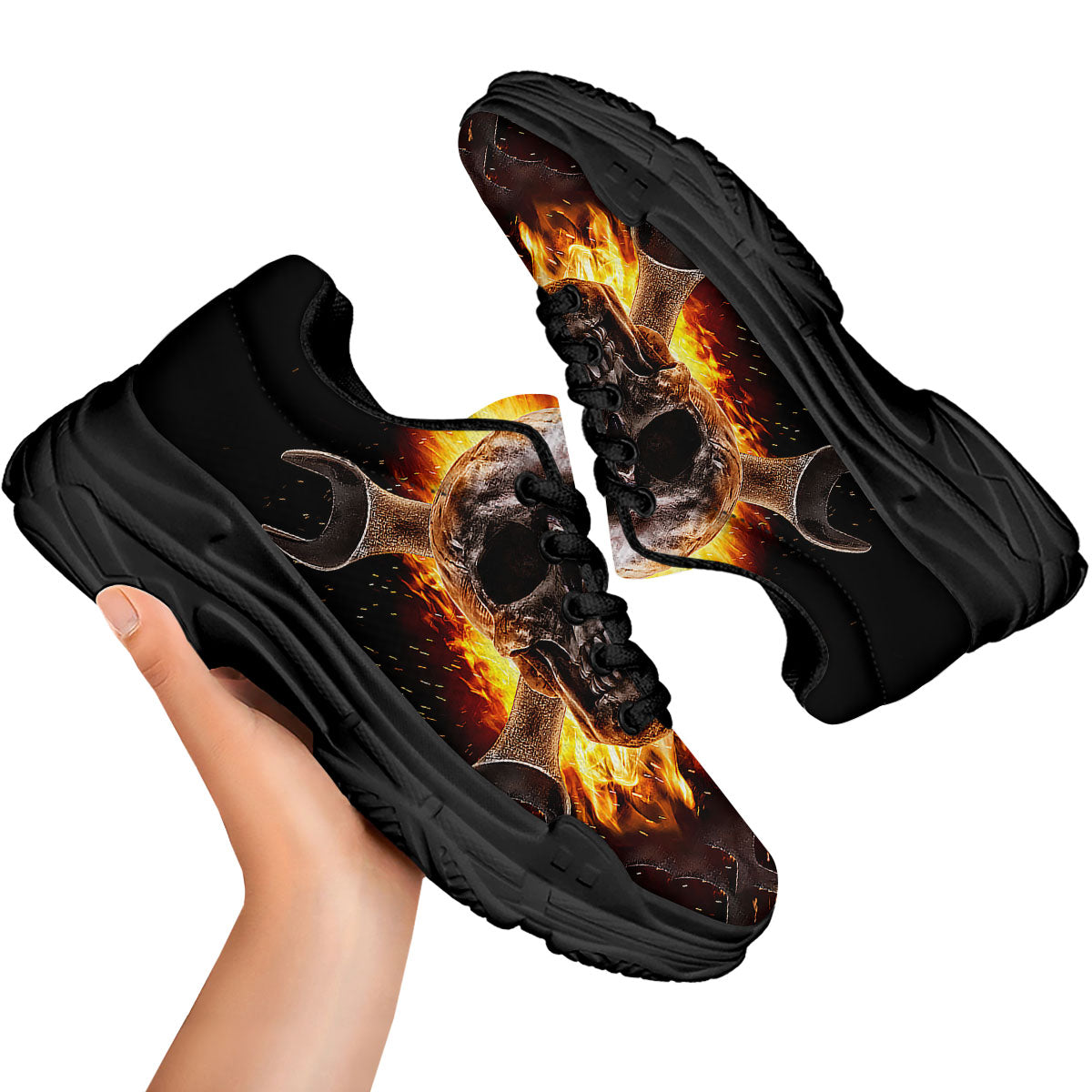 Skull Flaming And Cross Wrench Print Black Chunky Shoes-grizzshop