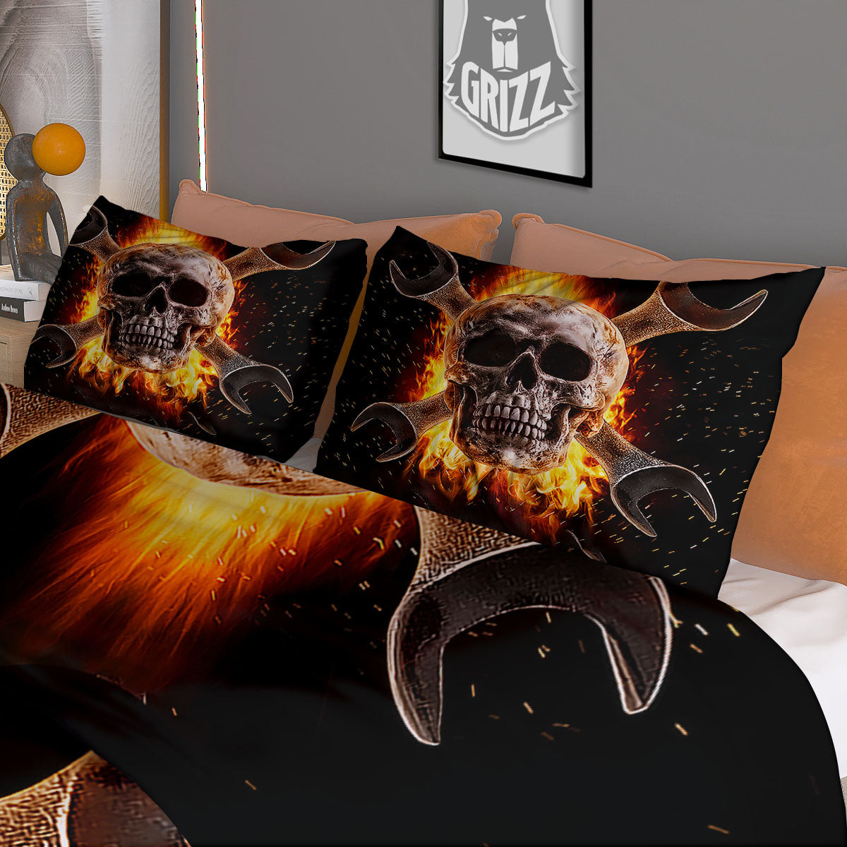 Skull Flaming And Cross Wrench Print Duvet Cover Bedding Set
