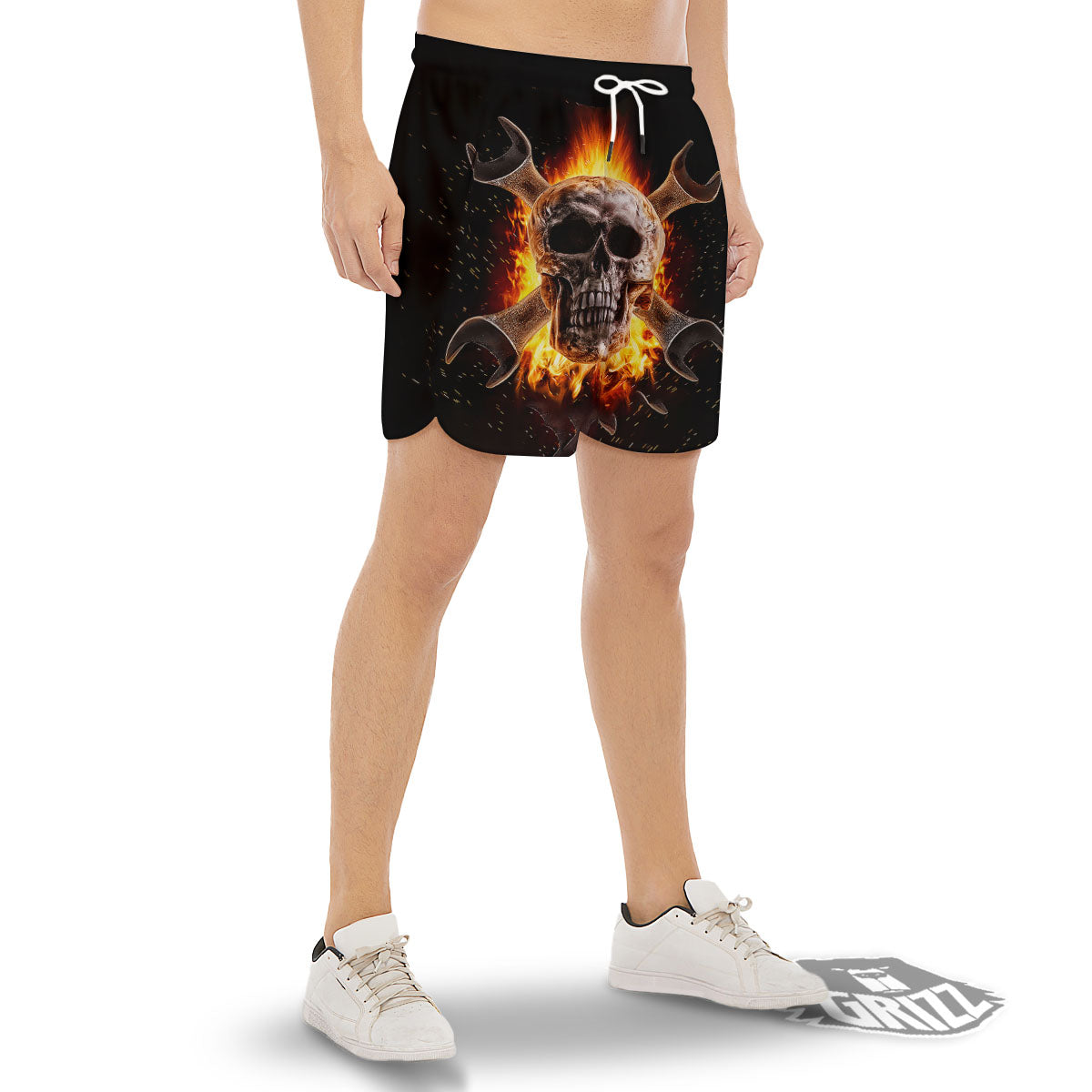 Skull Flaming And Cross Wrench Print Men's Gym Shorts-grizzshop