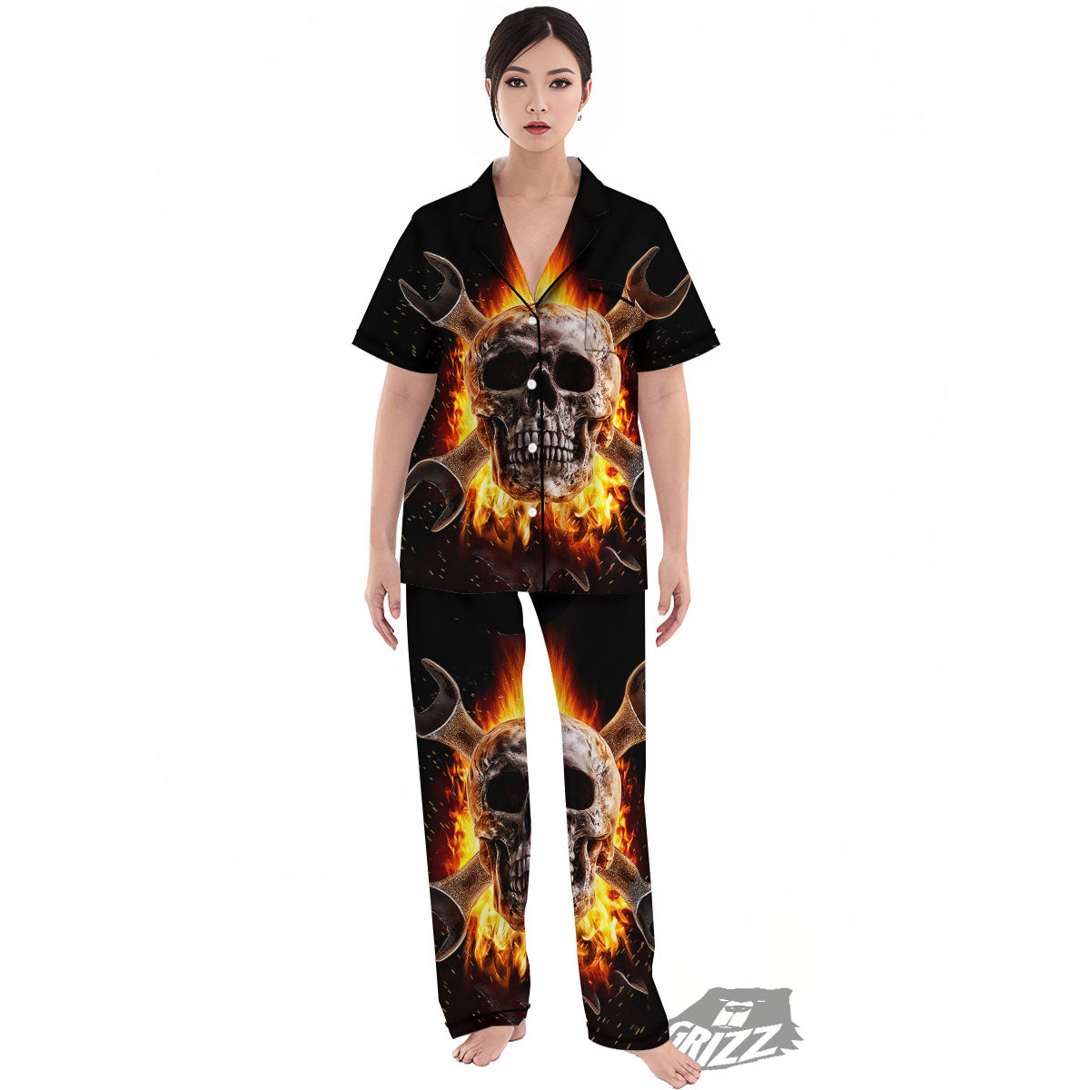 Skull Flaming And Cross Wrench Print Women's Pajamas Set-grizzshop